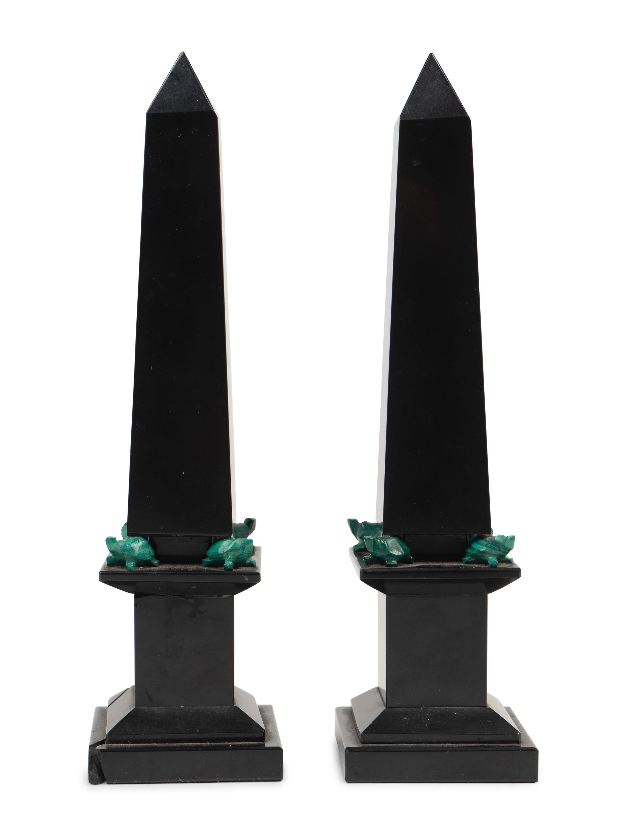 A Pair of Grand Tour Style Malachite and Black Stone Obelisks