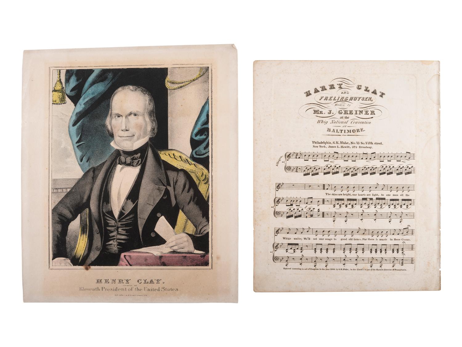 [POLITICS IN AMERICA]. A group of pamphlets, glass plates, and other ephemera related to Andrew Jackson, Henry Clay, and American politics of the 1840s, comprising: