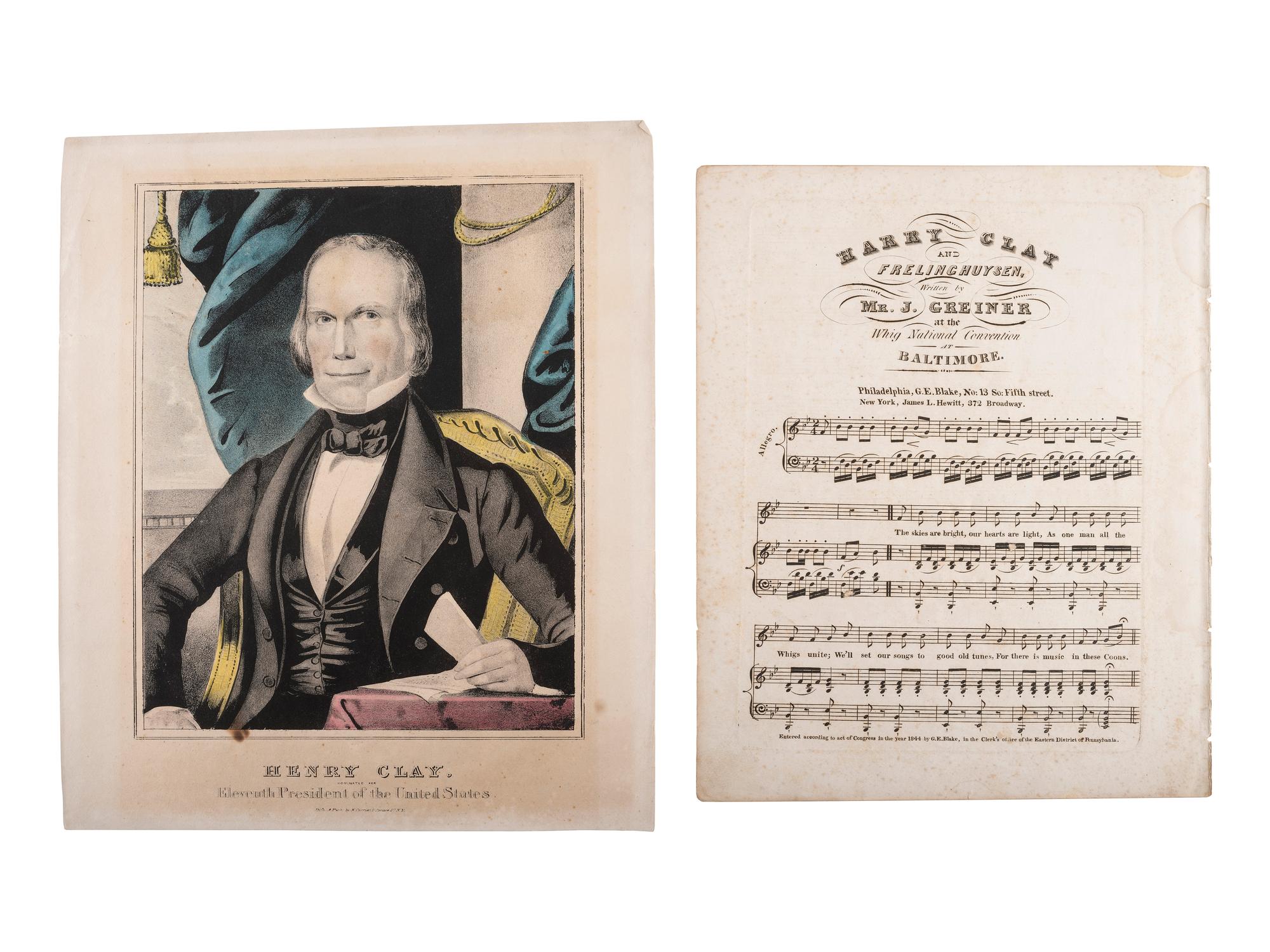 [POLITICS IN AMERICA]. A group of pamphlets, glass plates, and other ephemera related to Andrew Jackson, Henry Clay, and American politics of the 1840s, comprising: