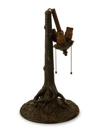 A Unique Art Glass Leaded Glass and Patinated Metal Wisteria Table Lamp