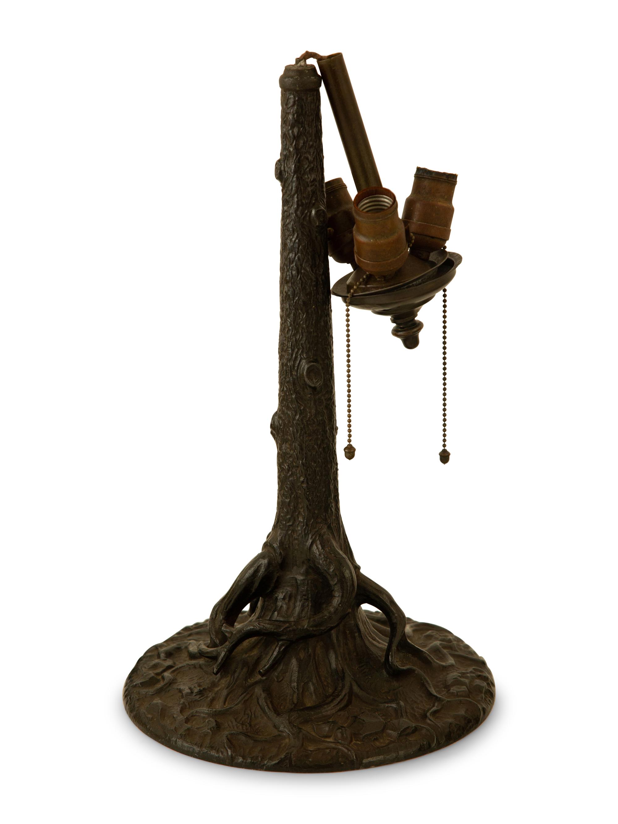 A Unique Art Glass Leaded Glass and Patinated Metal Wisteria Table Lamp