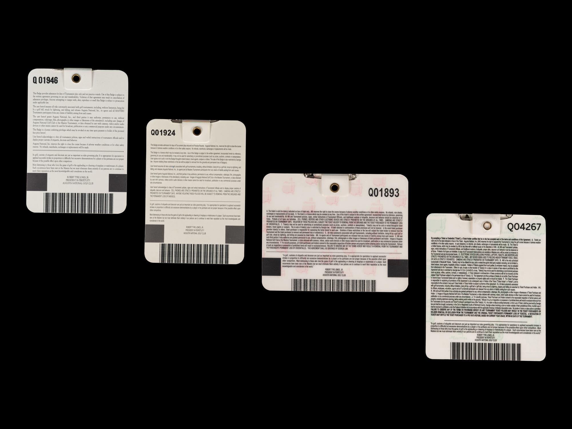 A Group of Four Tiger Woods Augusta National Masters Championship Badges (2001, 2002, 2005, 2019)