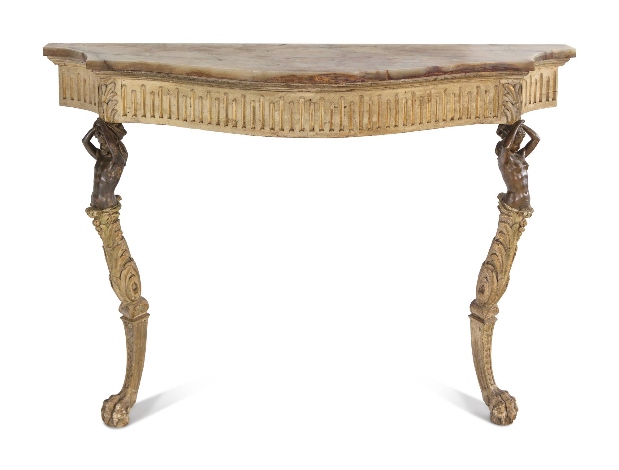 An Italian Cream-Painted and Parcel Gilt Onyx-Top Console Table