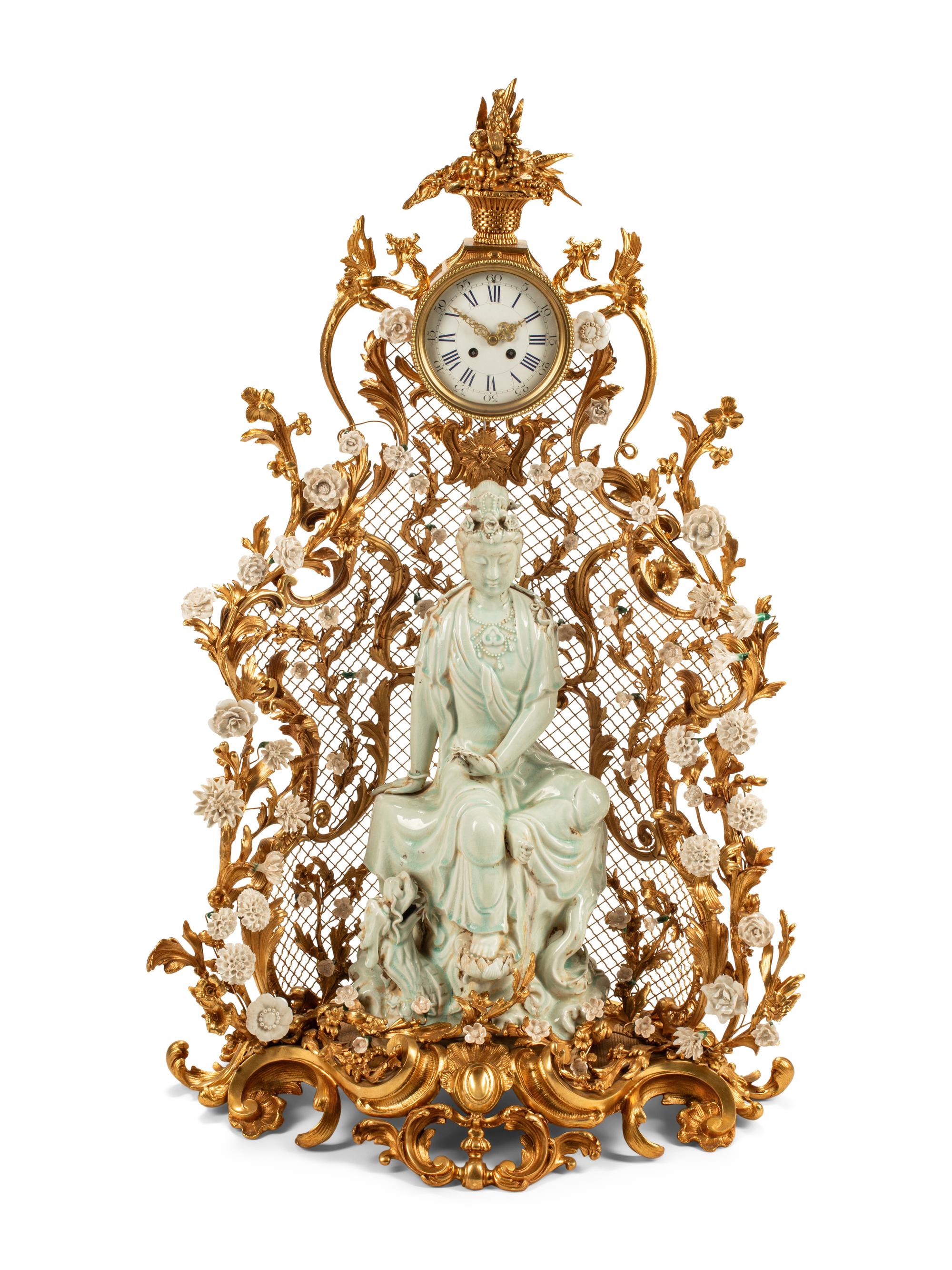 A Large Louis XV Style Gilt Bronze and White Porcelain Clock