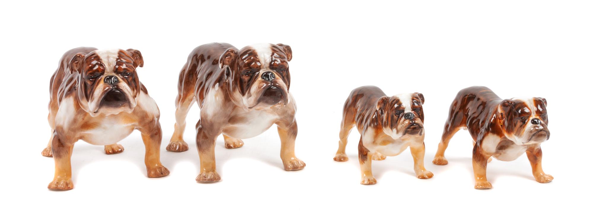 A Group of Four Royal Doulton Bulldogs Width of widest 8 inches.