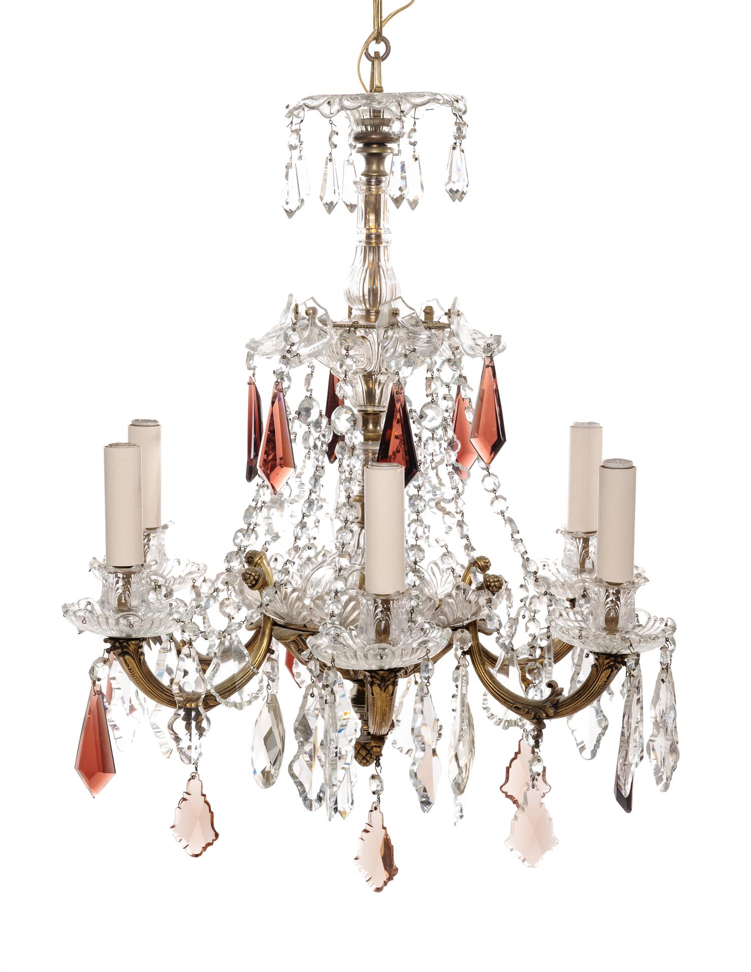 A Georgian Style Gilt Metal and Cut Glsss Six-Light Chandelier