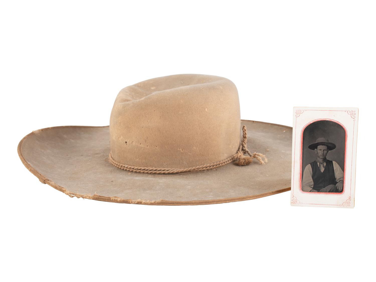[WESTERN AMERICANA]. Vintage hat and tintype of a cowboy wearing nearly identical hat.