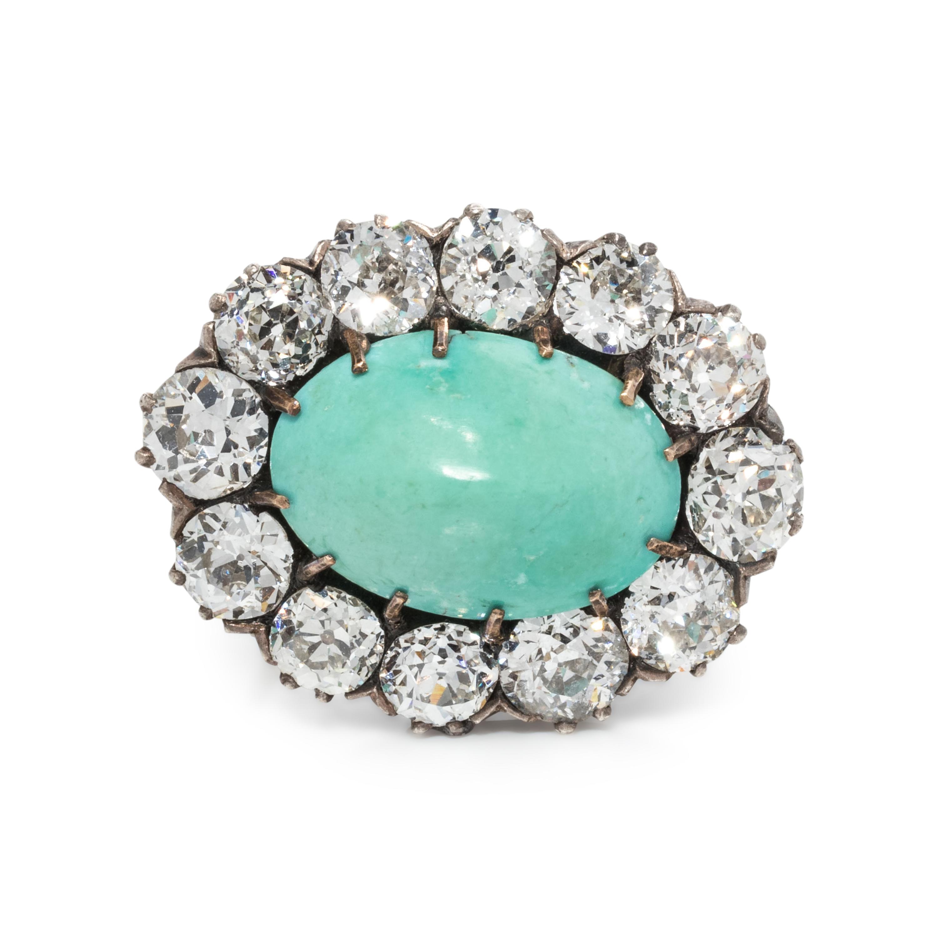 ANTIQUE, TURQUOISE AND DIAMOND BROOCH