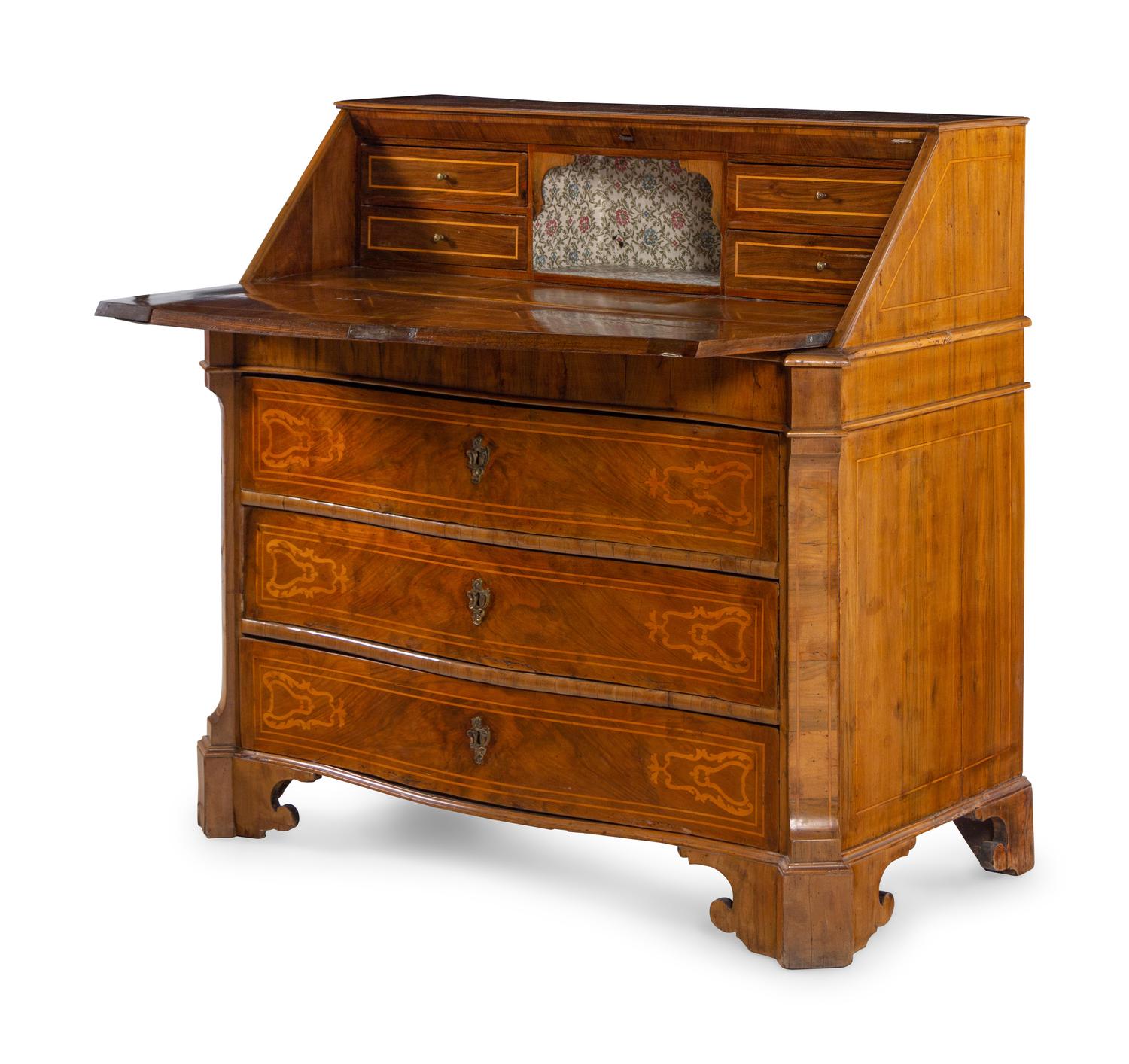 An Italian Marquetry and Burl Walnut Slant-Front Desk