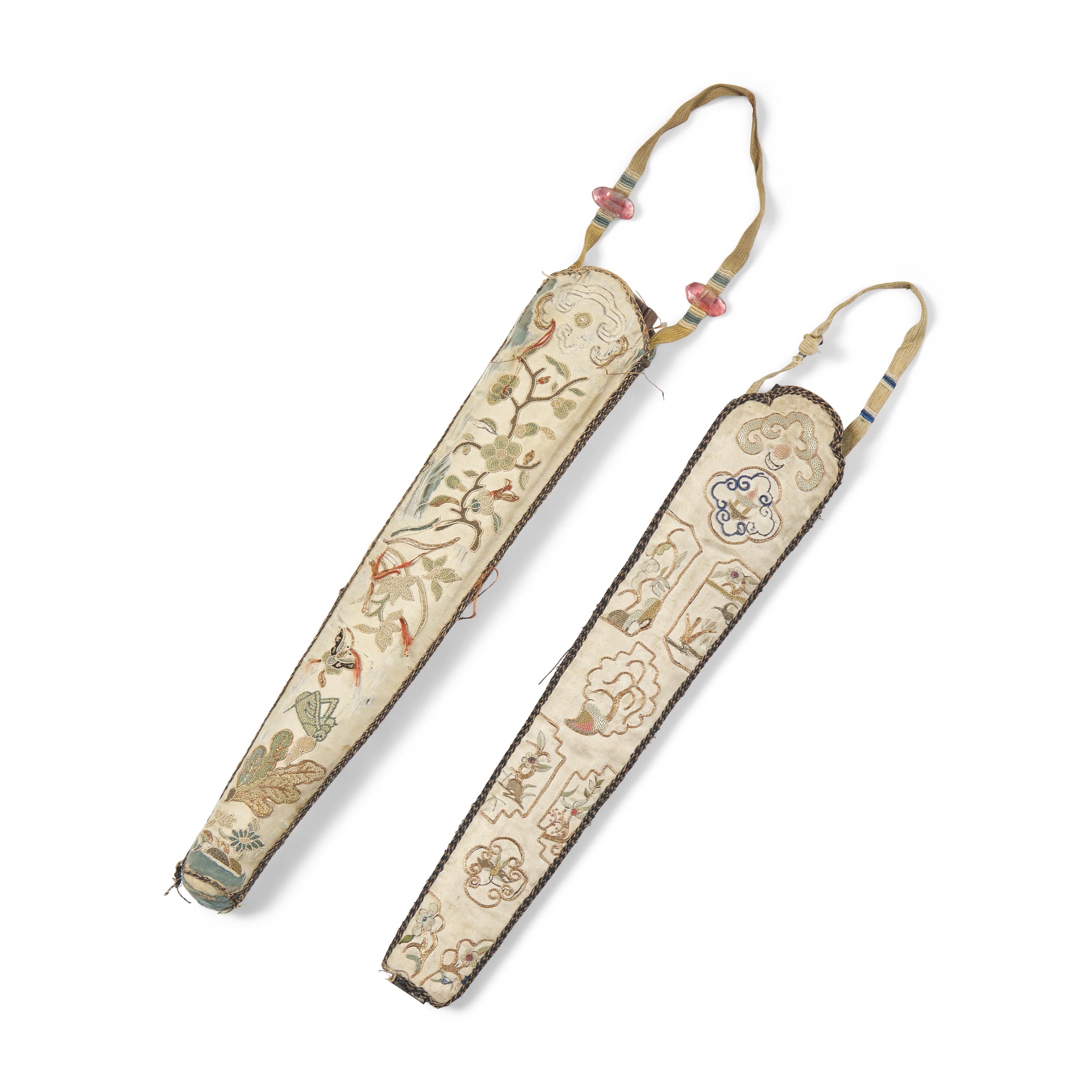 Two Chinese Folding Fans and Embroidered Fan Cases, Late 19th-Early 20th Century 晚清-民國 折扇及扇套一組兩件