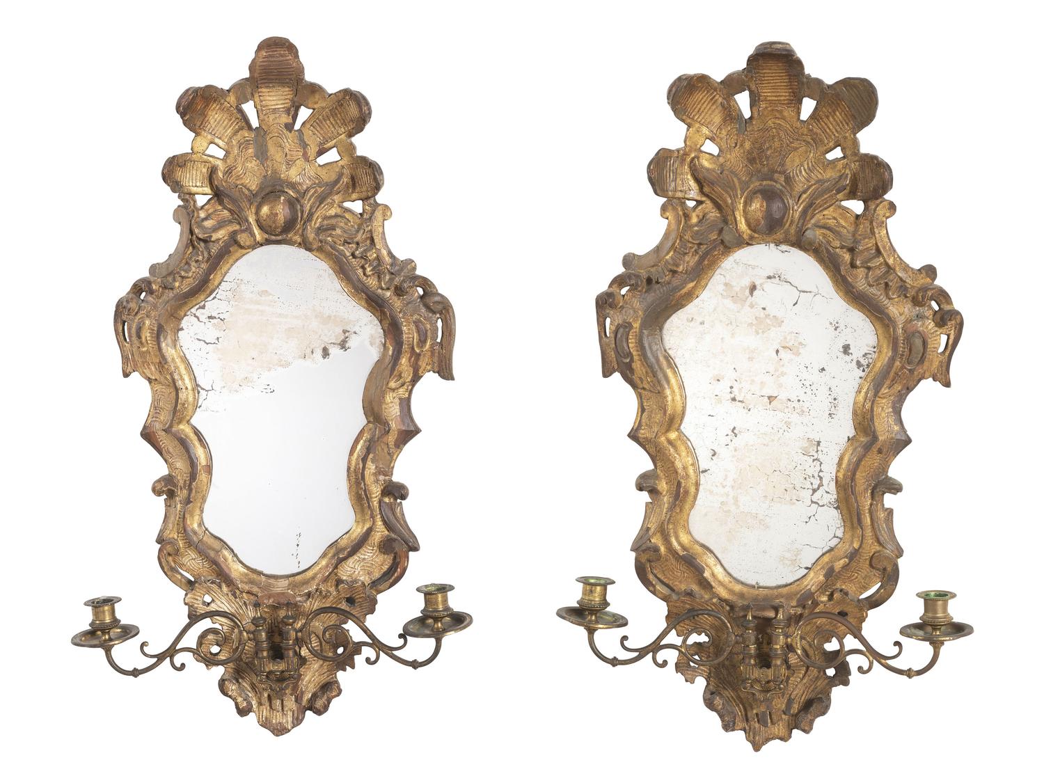 A Pair of Rococo Style Giltwood Girandole Mirrors