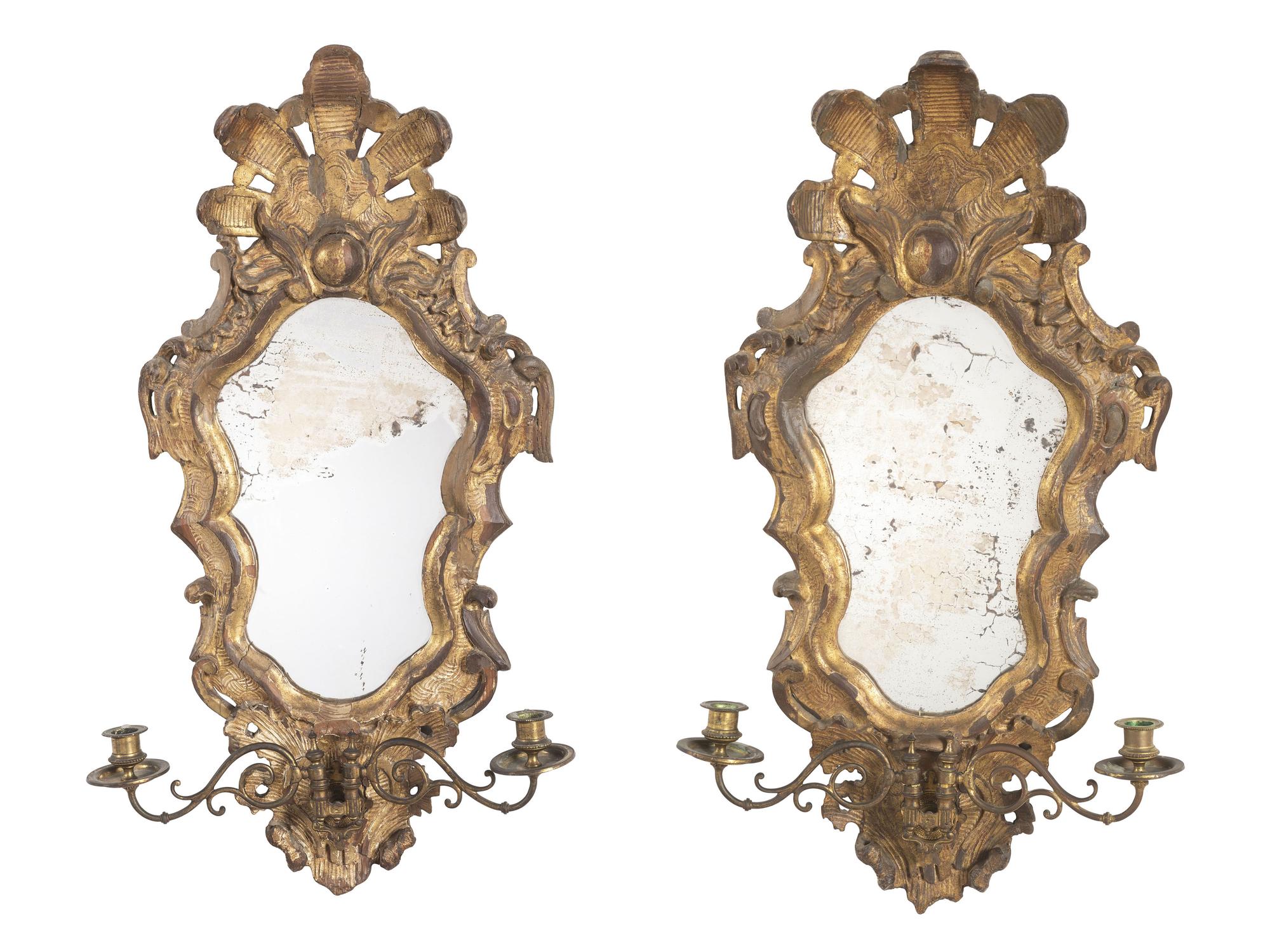 A Pair of Rococo Style Giltwood Girandole Mirrors