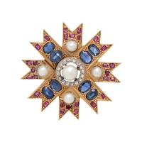 CULTURED PEARL, SAPPHIRE, AND RUBY BROOCH