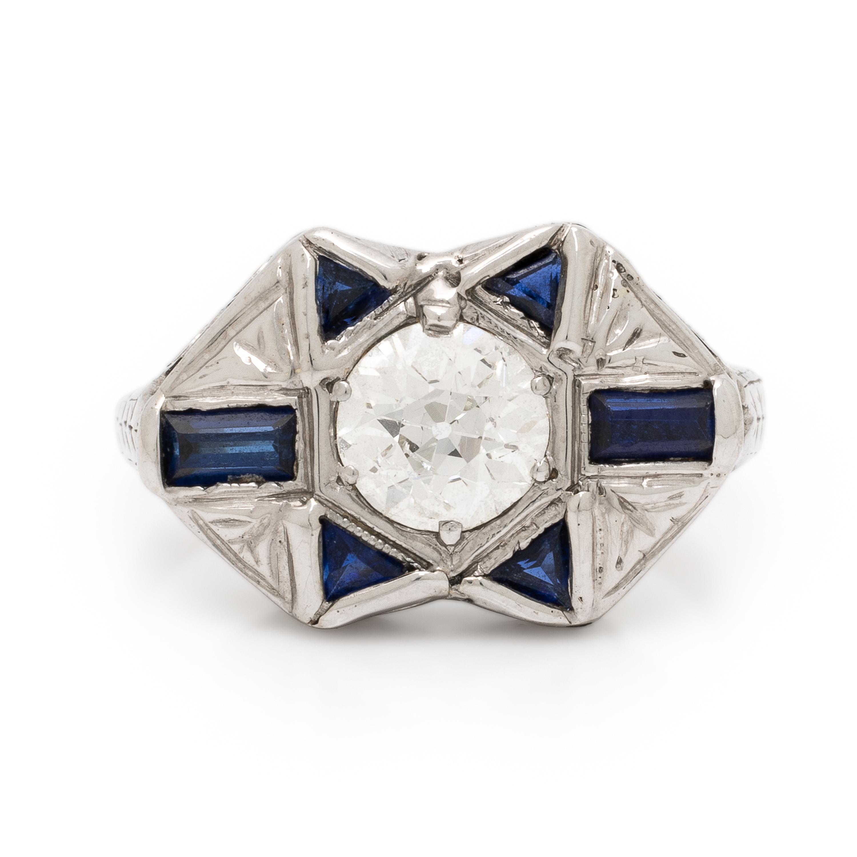 Diamond, Synthetic Sapphire, and White Gold Ring