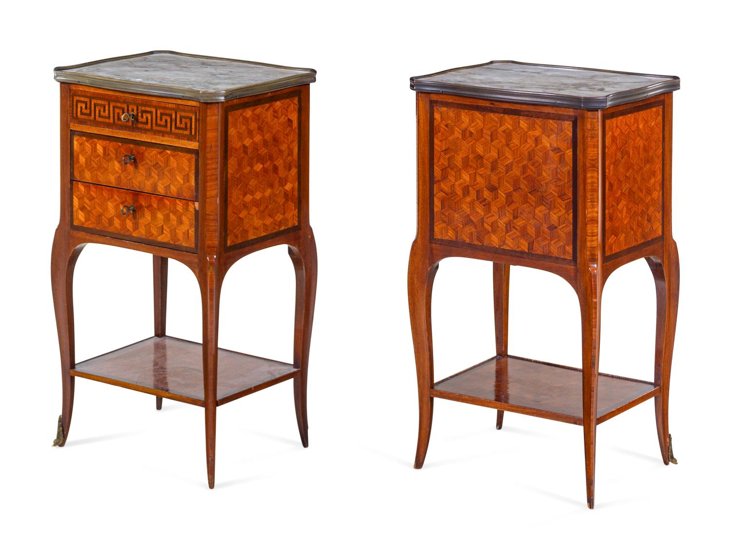 A Pair of Louis XV Style Parquetry Marble-Top Side Tables