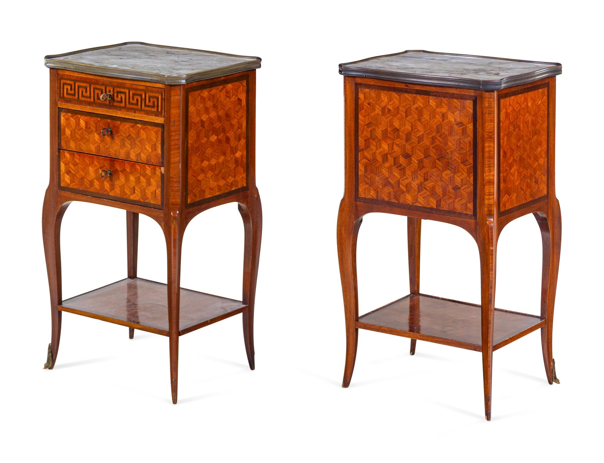 A Pair of Louis XV Style Parquetry Marble-Top Side Tables