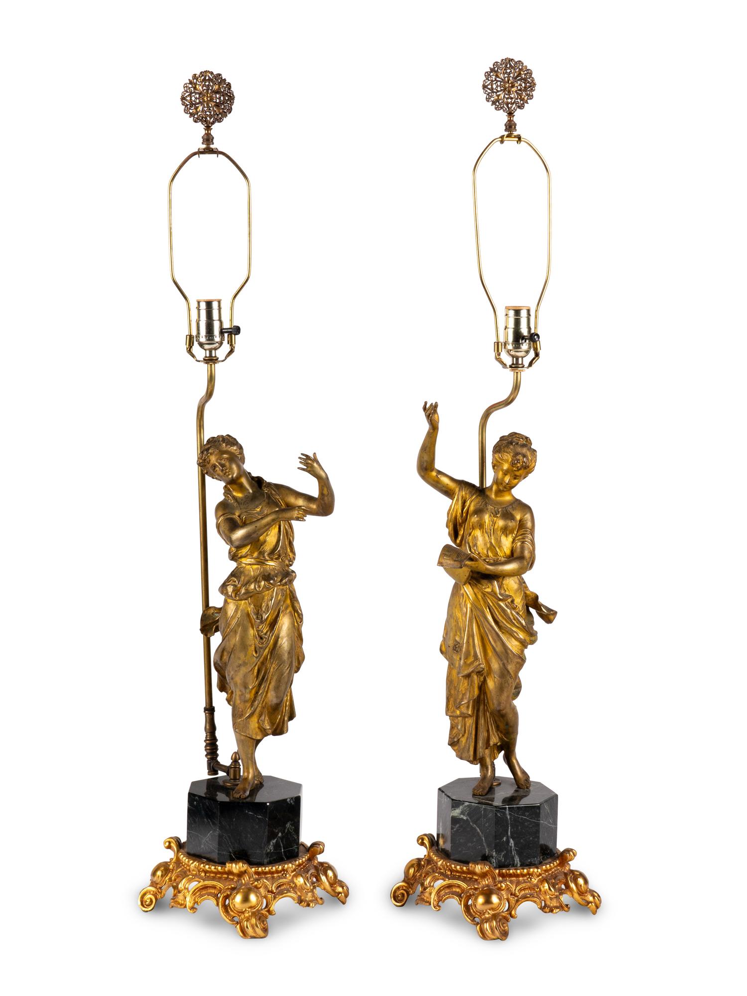 A Pair of Continental Gilt Bronze Figures Mounted as Lamps