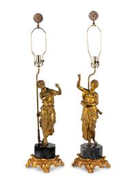 A Pair of Continental Gilt Bronze Figures Mounted as Lamps