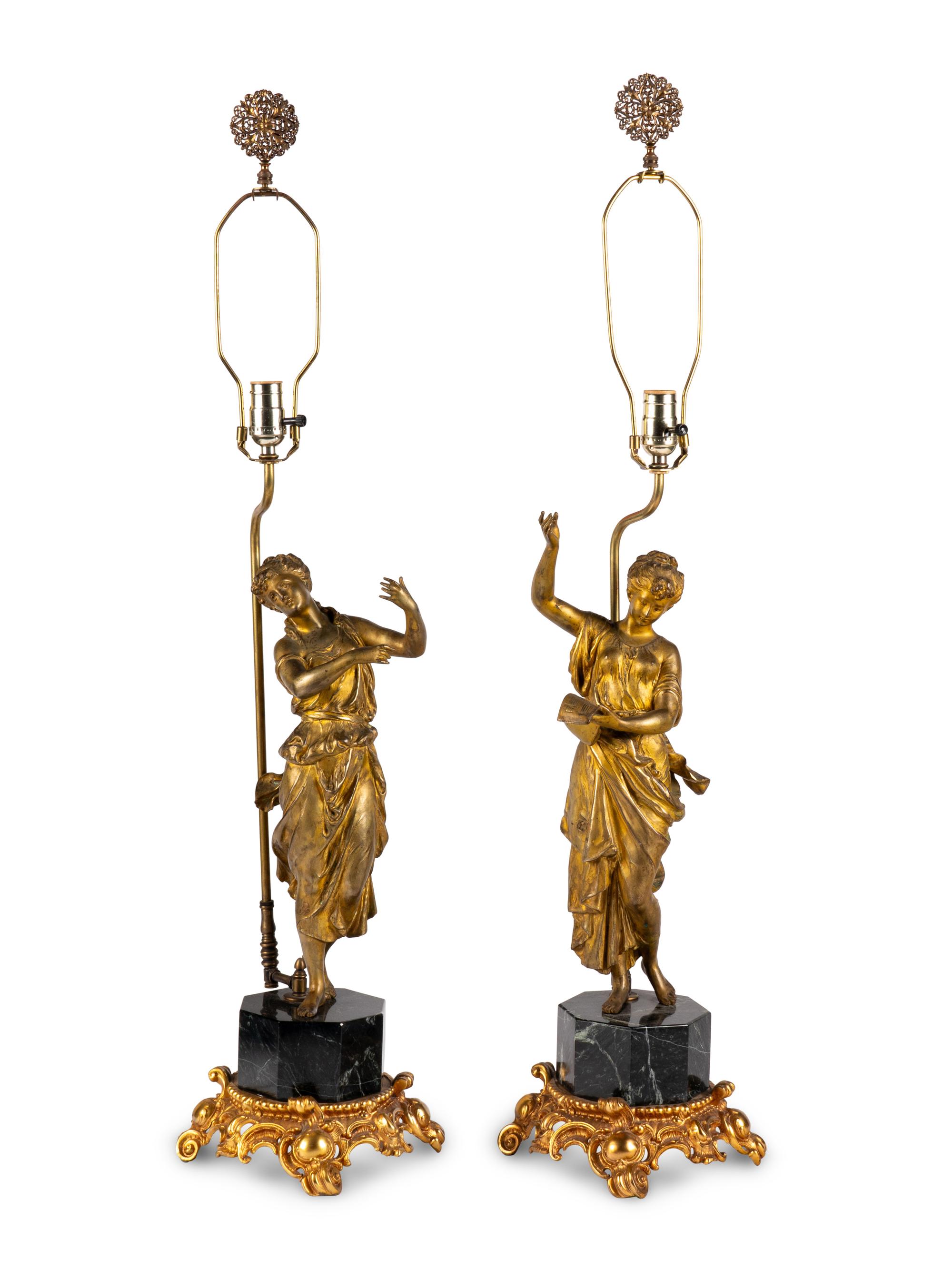A Pair of Continental Gilt Bronze Figures Mounted as Lamps