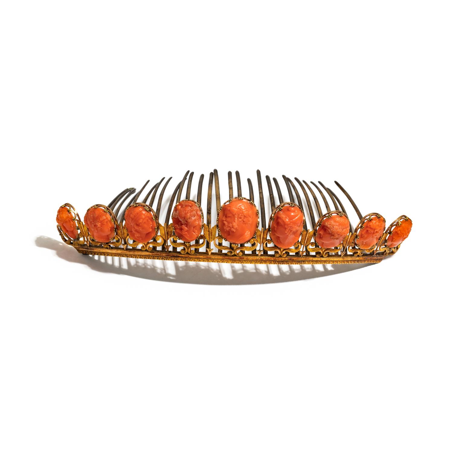 FRENCH, YELLOW GOLD, GILT METAL AND CORAL CAMEO TIARA