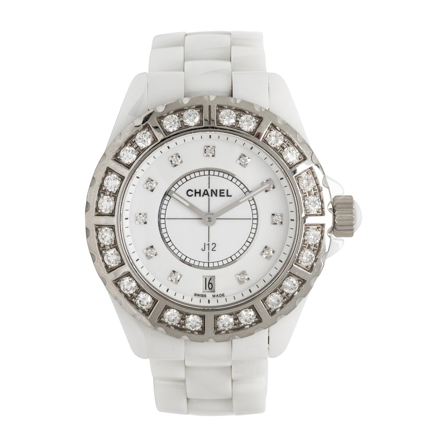 CHANEL, 'J12' CERAMIC AND DIAMOND DATE WATCH, BOX, PAPERS, AND EXTRA LINKS