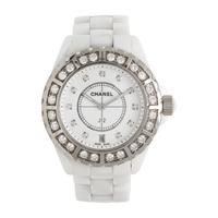 CHANEL, 'J12' CERAMIC AND DIAMOND DATE WATCH, BOX, PAPERS, AND EXTRA LINKS