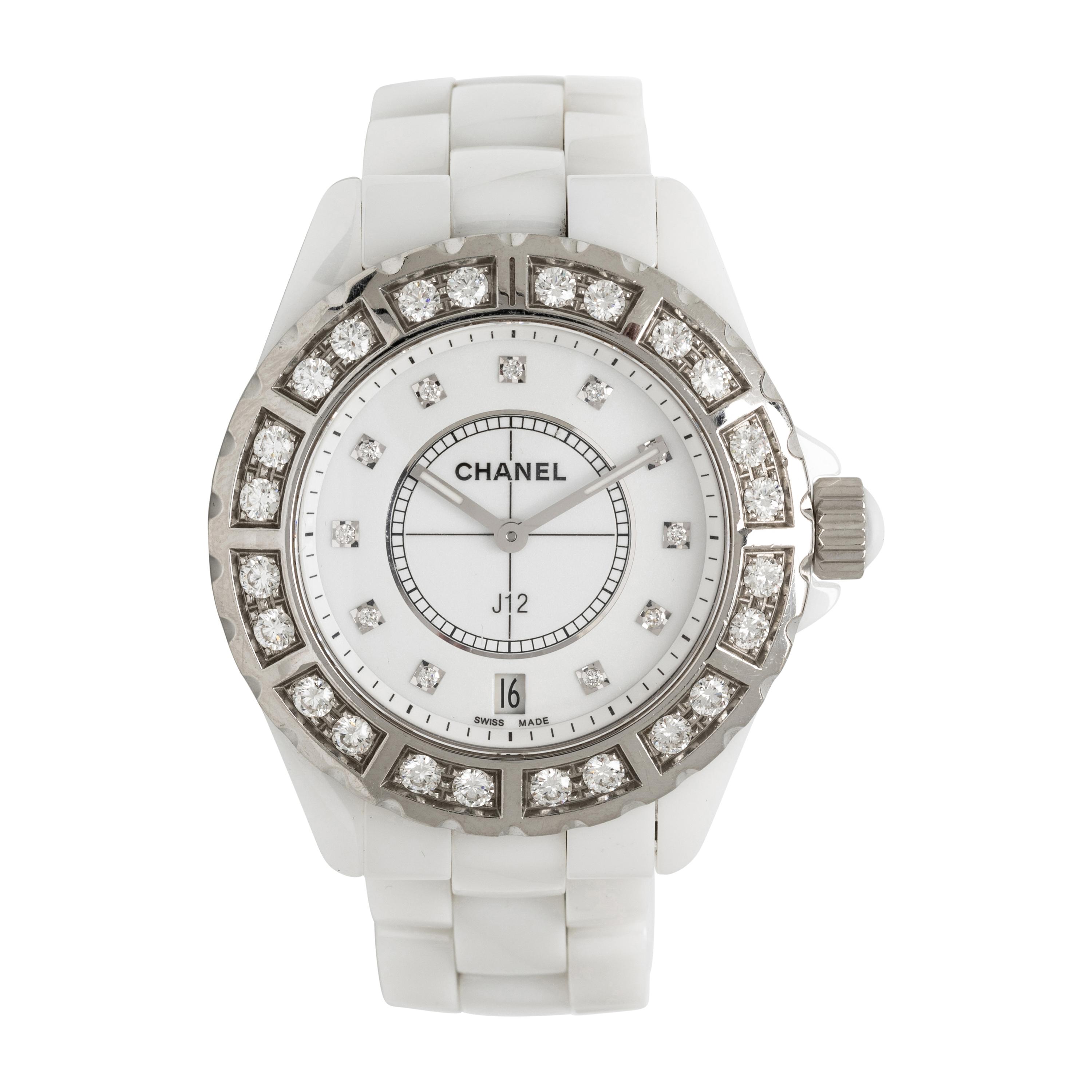 CHANEL, 'J12' CERAMIC AND DIAMOND DATE WATCH, BOX, PAPERS, AND EXTRA LINKS