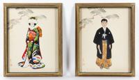A Pair of Japanese Collages Height 11 x width 8 1/2 inches.