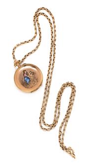 A Rose Gold, Diamond and Polychrome Enamel Hunter Case Pendant Watch and Chain, 20.70 dwts. (including chain)