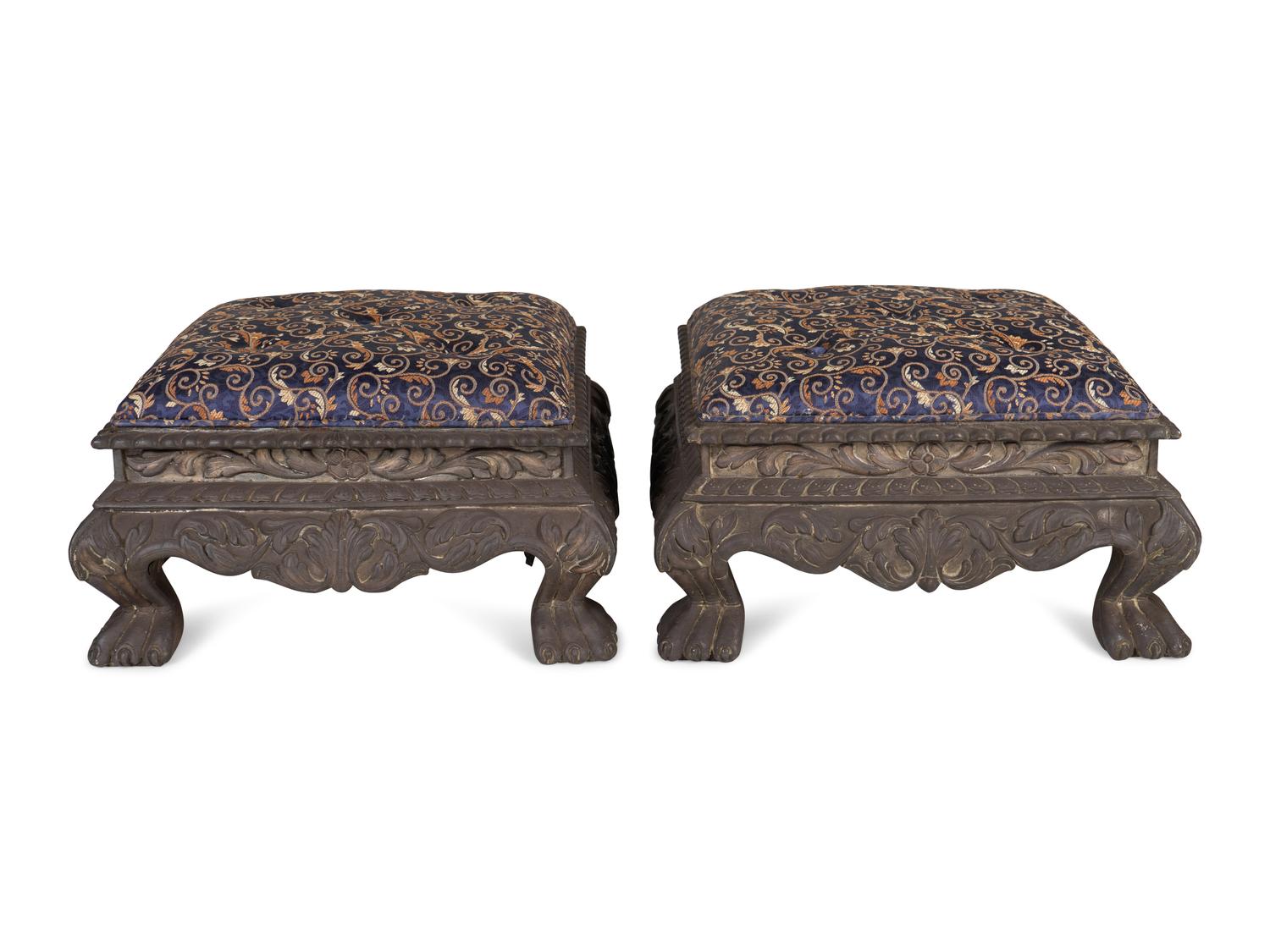 A Pair of Indian Silver Plate-Sheathed Footstools