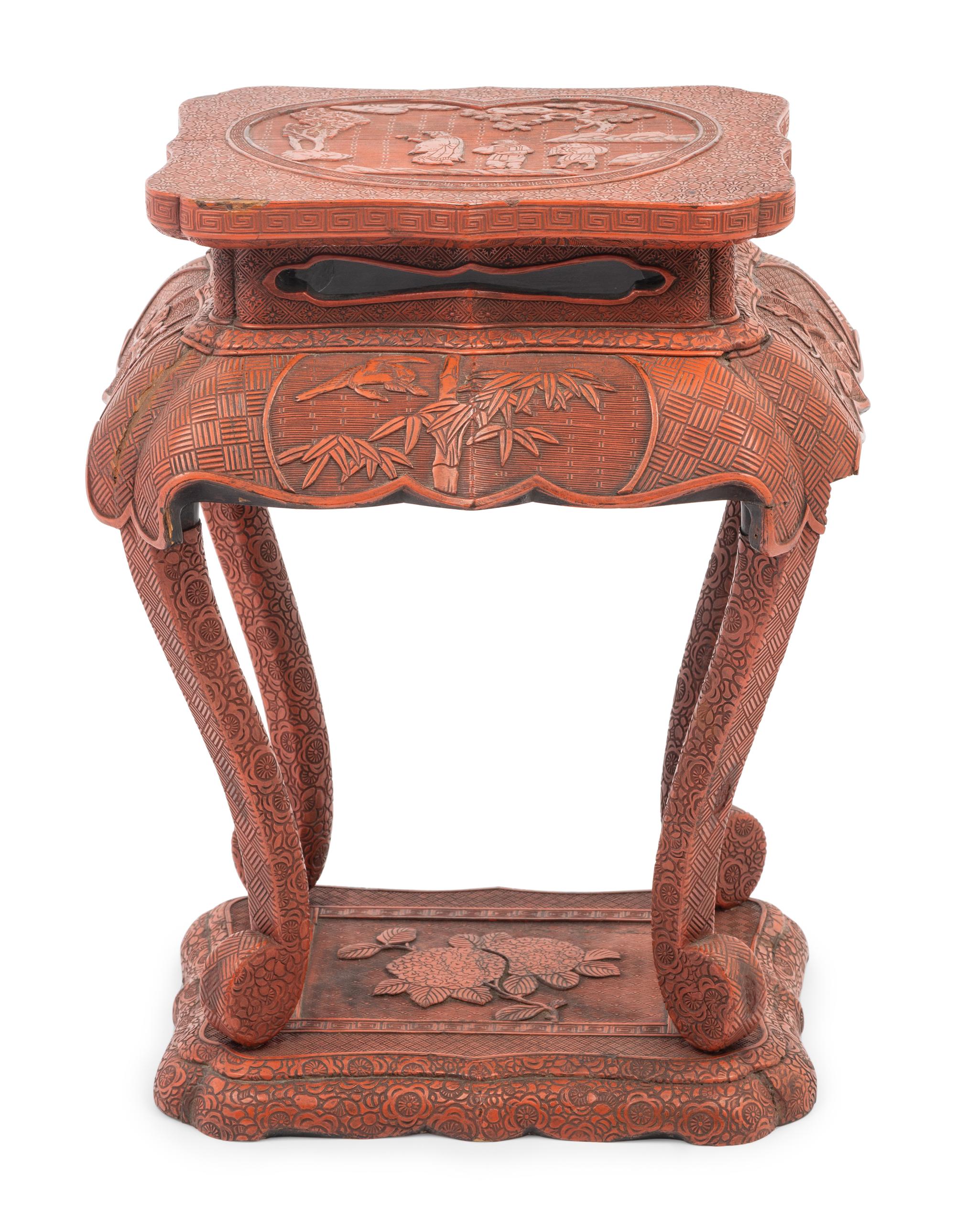 A Chinese Red Lacquered Wood Side Stand