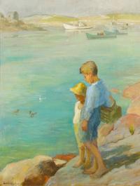 Adam Emory Albright, (American, 1862-1957), Two Boys on Rock Cliff, Maine Coast