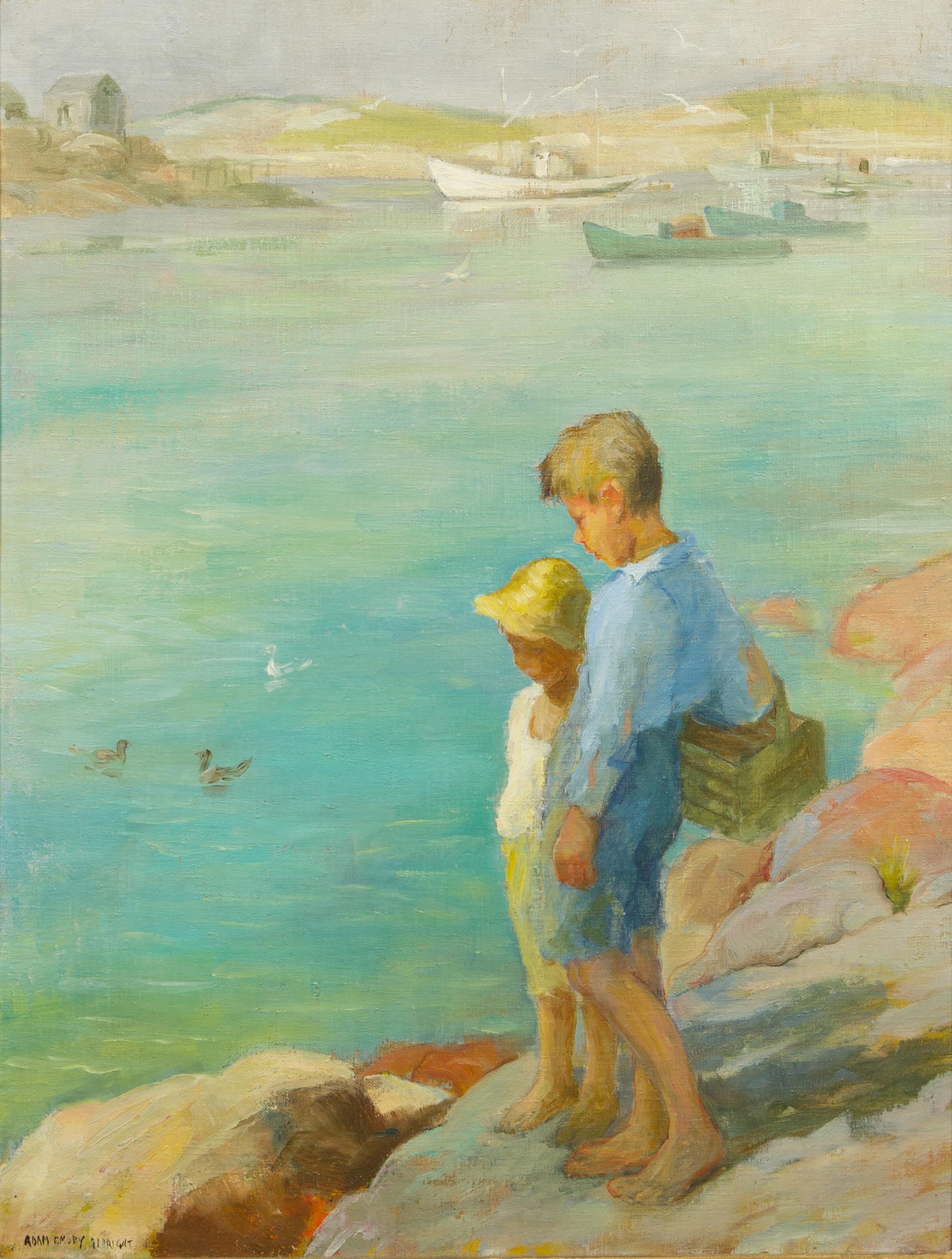 Adam Emory Albright, (American, 1862-1957), Two Boys on Rock Cliff, Maine Coast