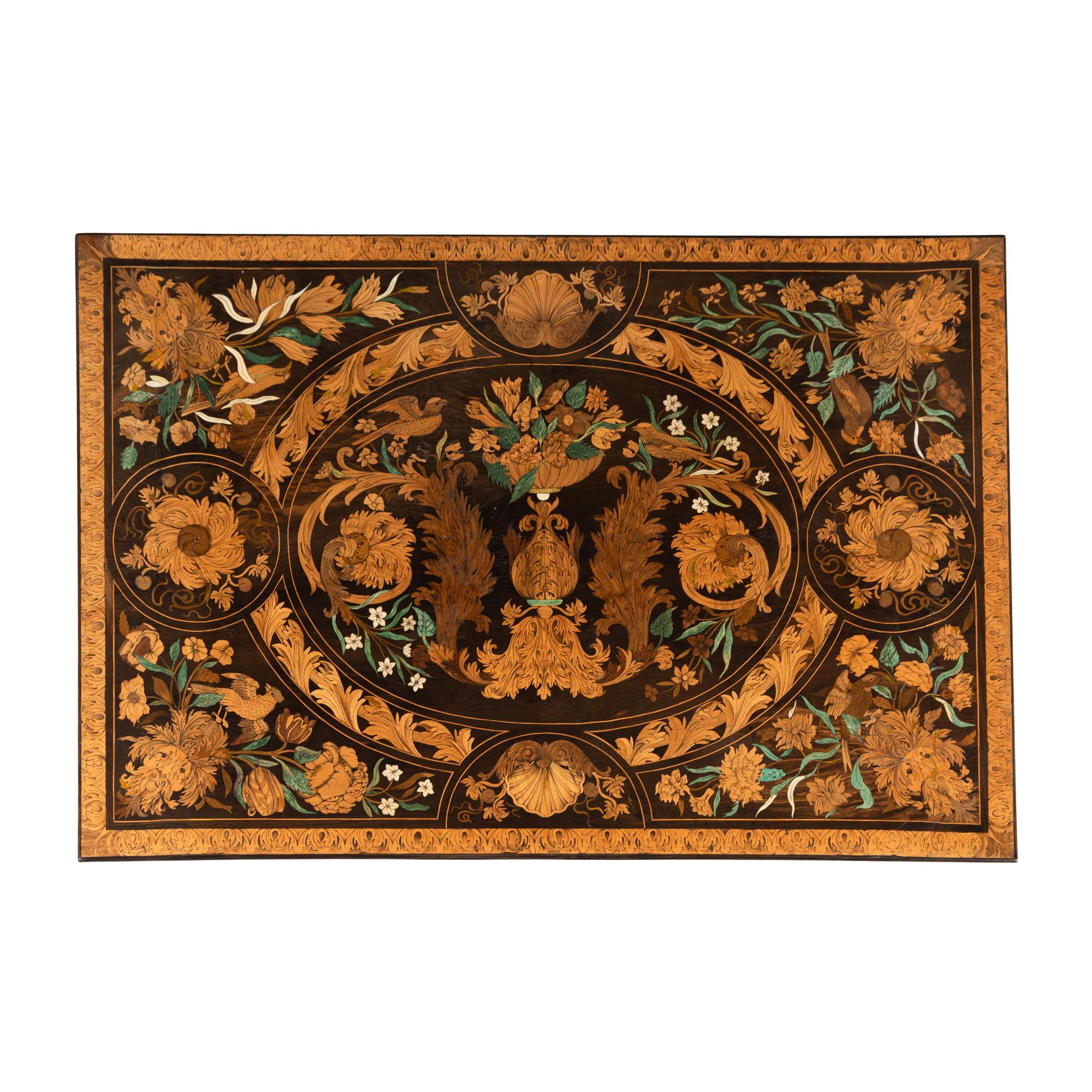 A Part-Ebonized Fruitwood Marquetry Console Table