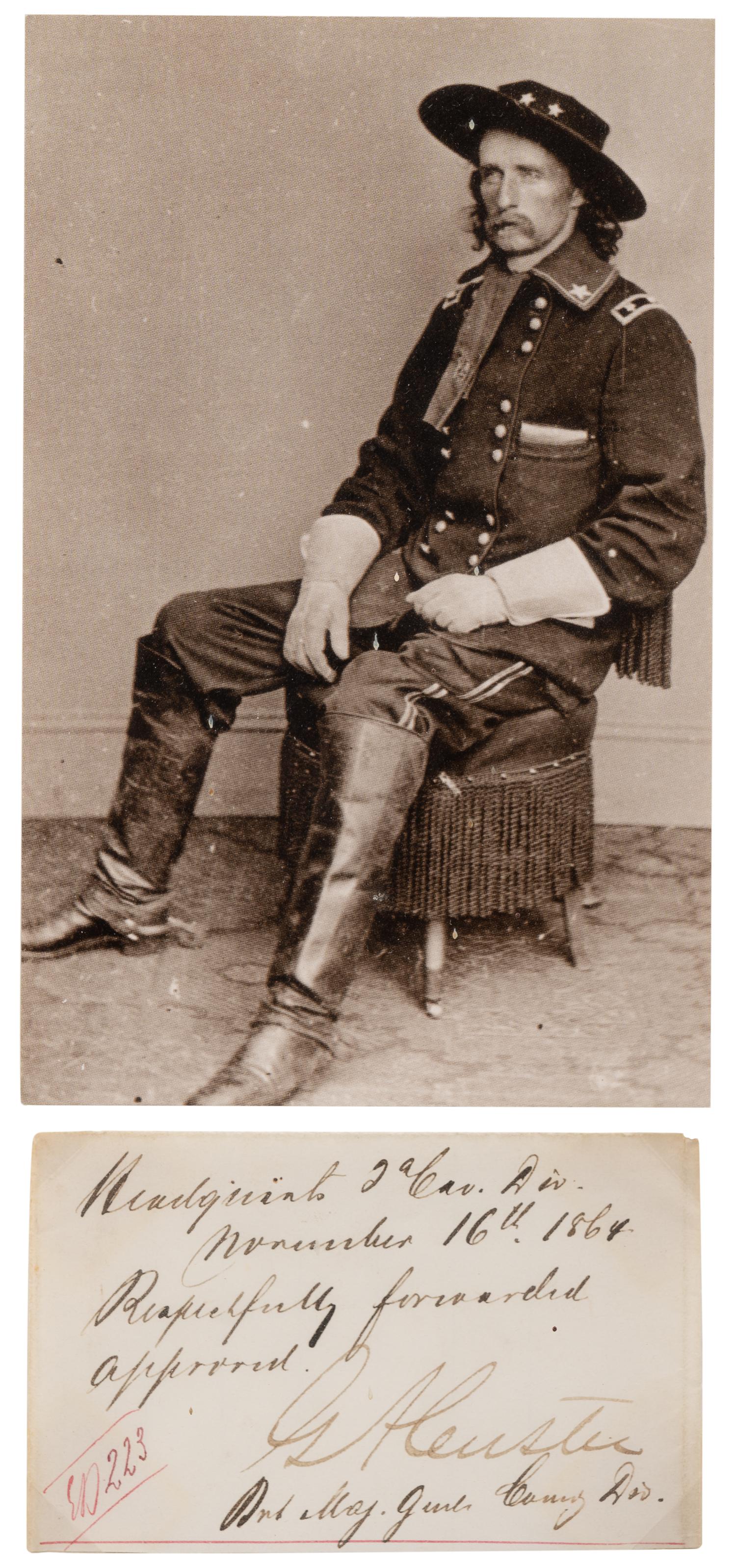 CUSTER, George Armstrong (1839-1876). Endorsement signed ("G.A. Custer"), as Brevet Major General. Headquarters 2nd Cavalry Division, 16 November 1864.