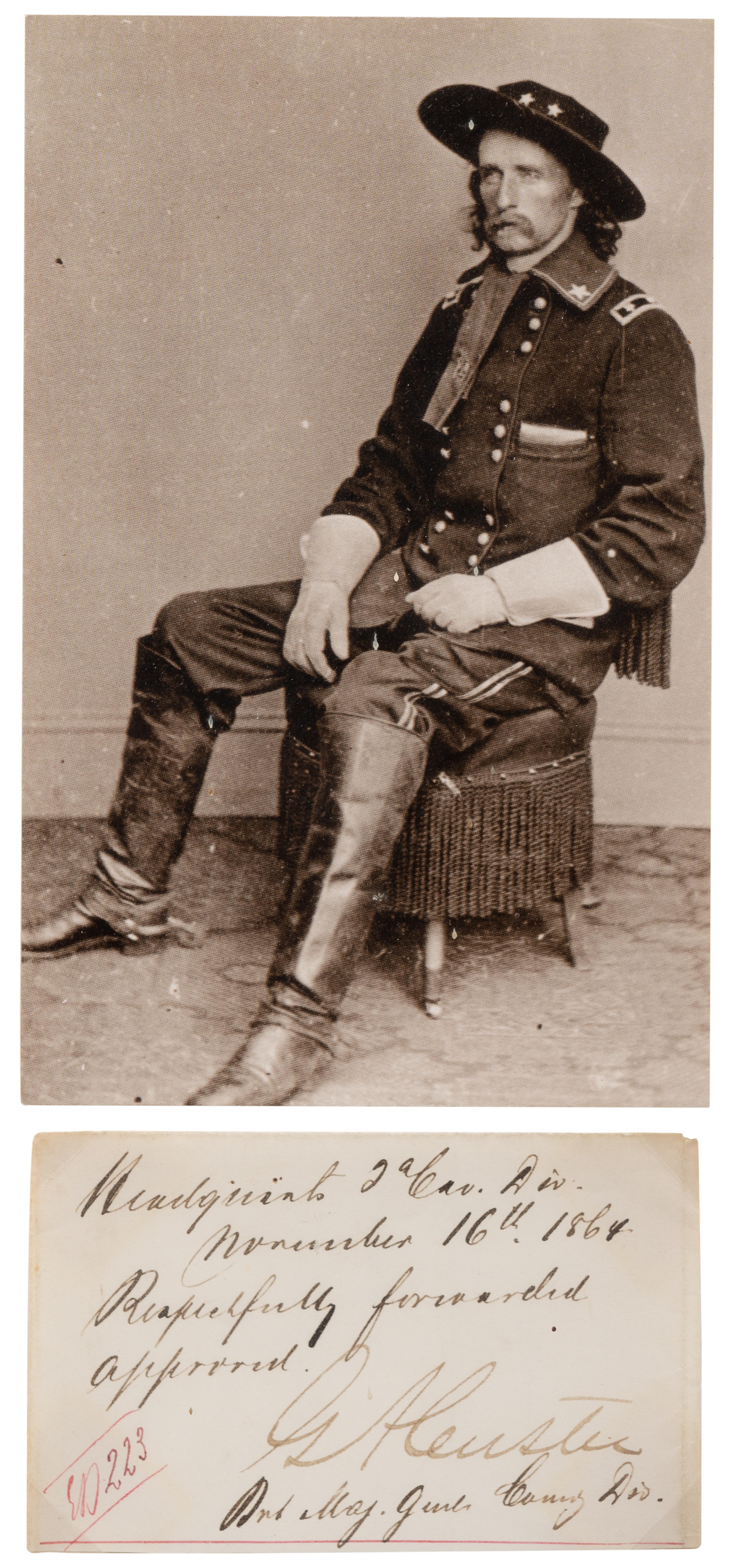 CUSTER, George Armstrong (1839-1876). Endorsement signed ("G.A. Custer"), as Brevet Major General. Headquarters 2nd Cavalry Division, 16 November 1864.