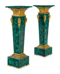 A Pair of Louis XVI Style Gilt Bronze Mounted Malachite Pedestals