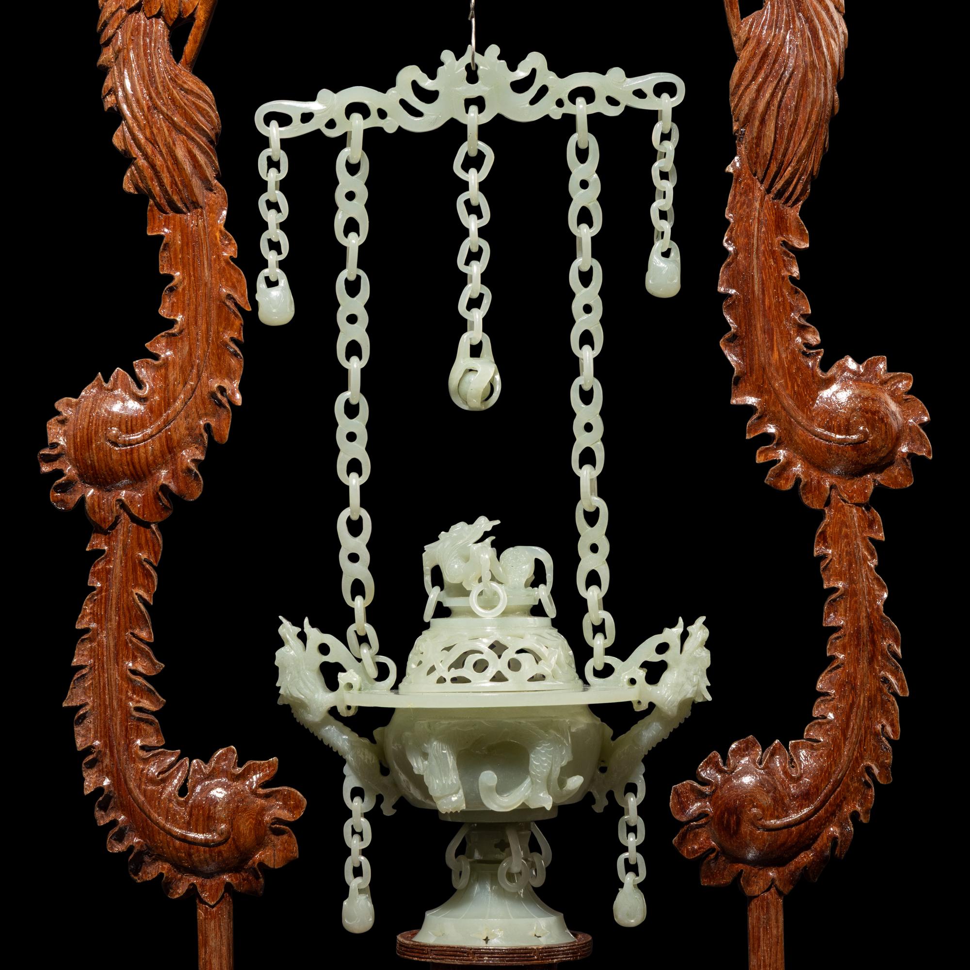 A Chinese Celadon Jade Hanging Incense Burner, 20th Century — 近代 青玉鏈式爐
