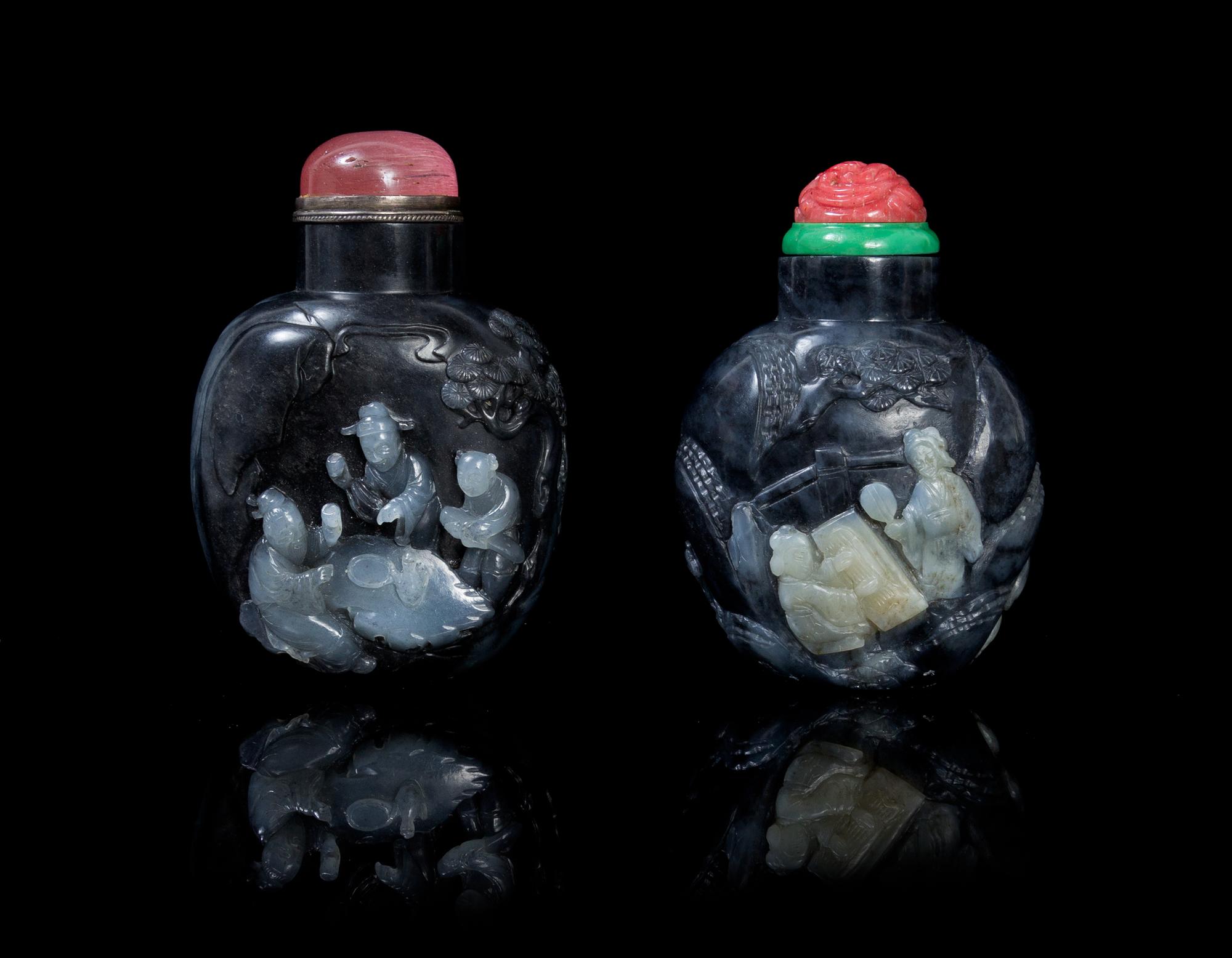 Two Carved Jade Snuff Bottles SUZHOU SCHOOL Height of taller 2 7/8 inches. — SUZHOU SCHOOL