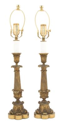 A Pair of Louis XV Style Patinated Gilt Bronze Candlesticks Height of candlestick 13 7/8 inches. — 19TH CENTURY
