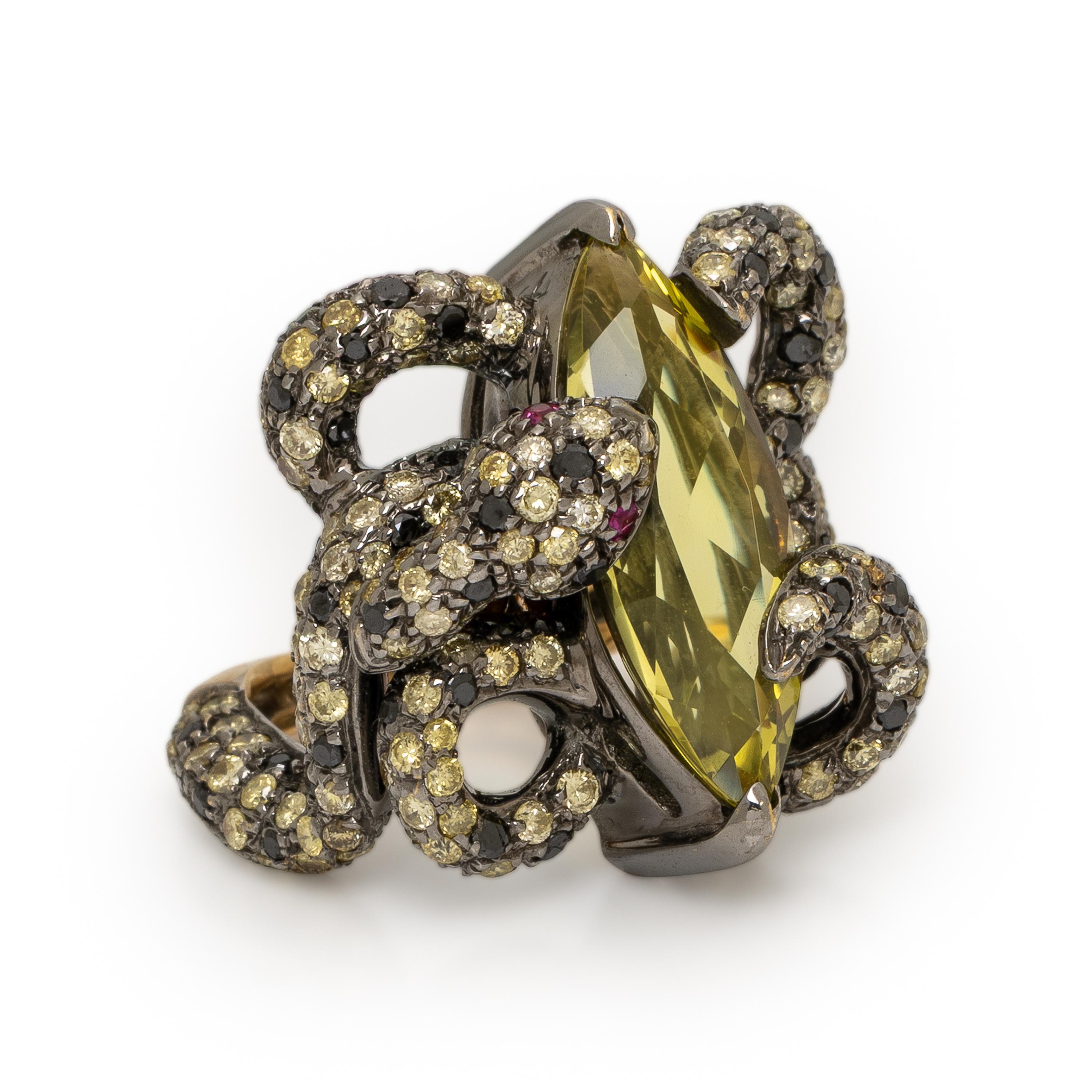 Lemon Quartz, Colored Diamond, and Blackened Gold Snake Ring