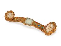A Chinese Silver, Enamel and Jade Ruyi Scepter