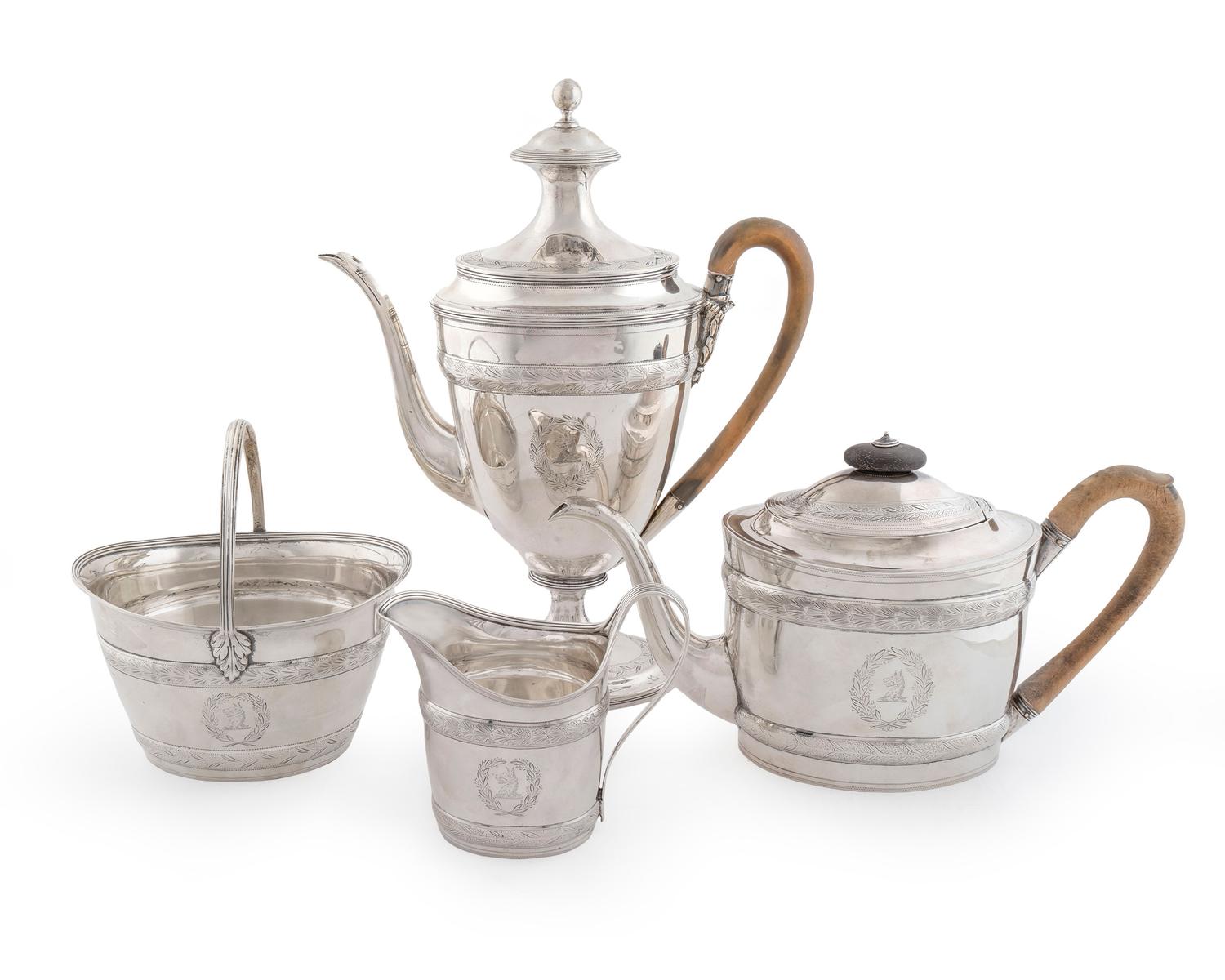 A George III Silver Four-Piece Tea and Coffee Service — Henry Chawner and Jonathan Eames, London, 1796, 1797