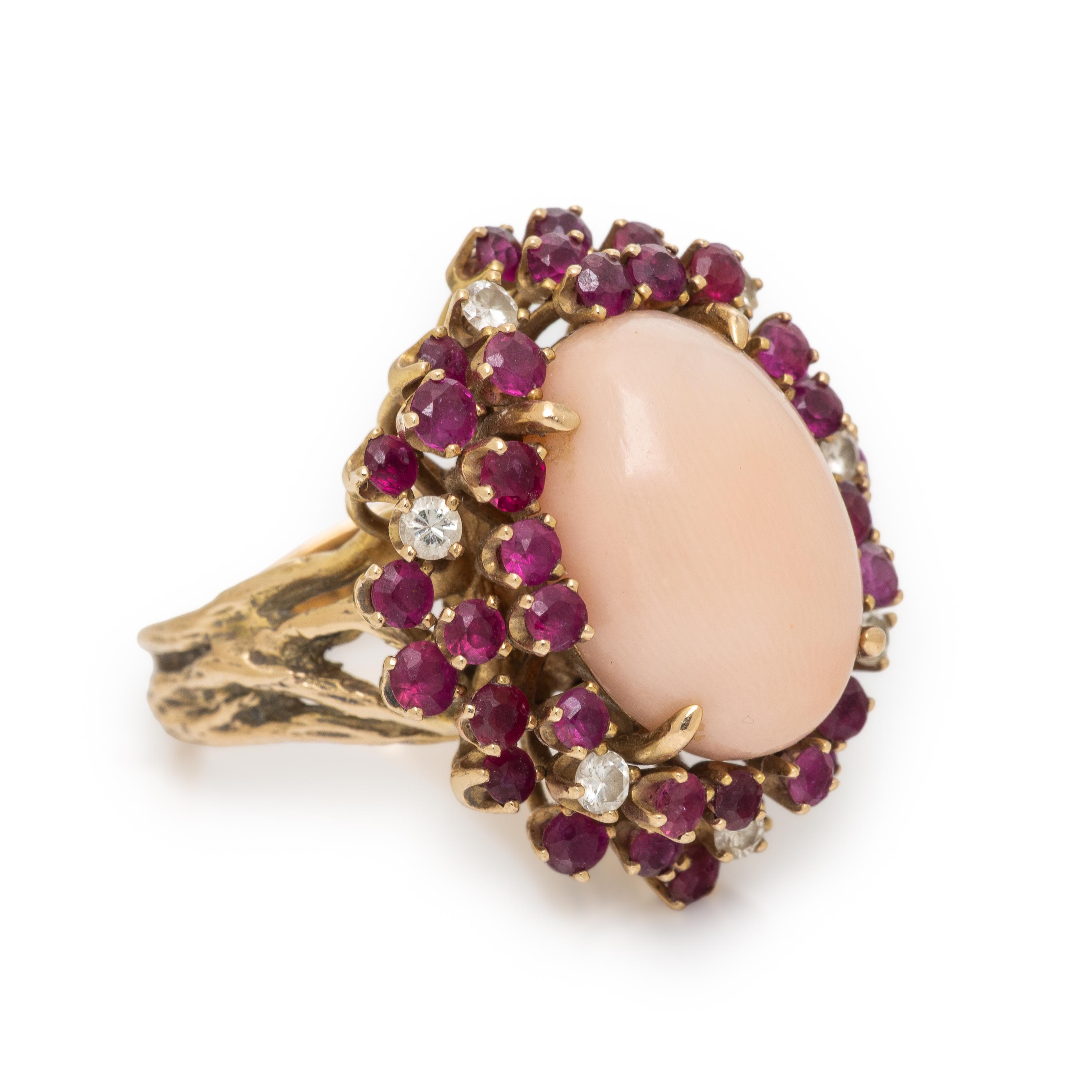 Coral, Ruby, Diamond, and Yellow Gold Ring