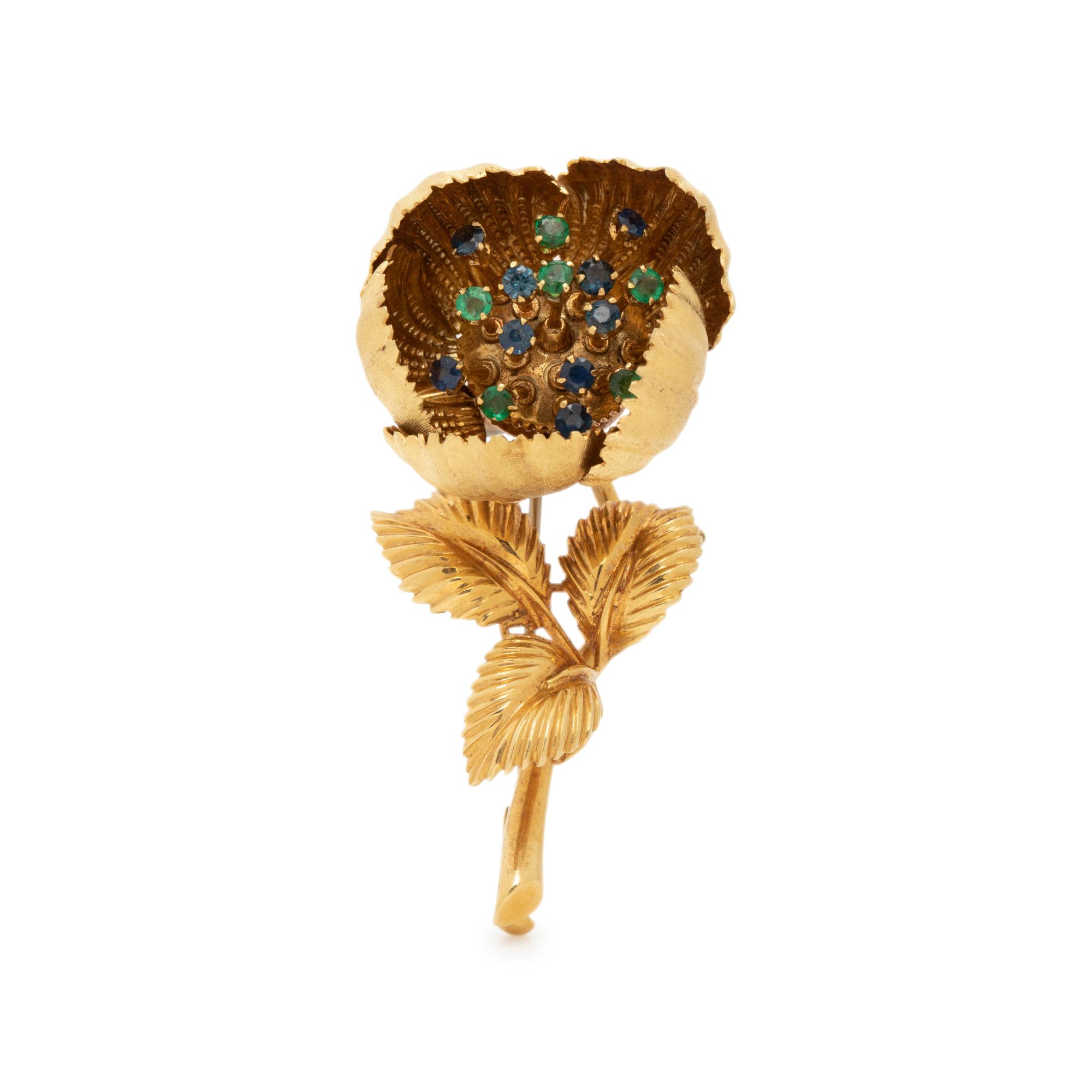 YELLOW GOLD AND GEMSTONE FLOWER BROOCH