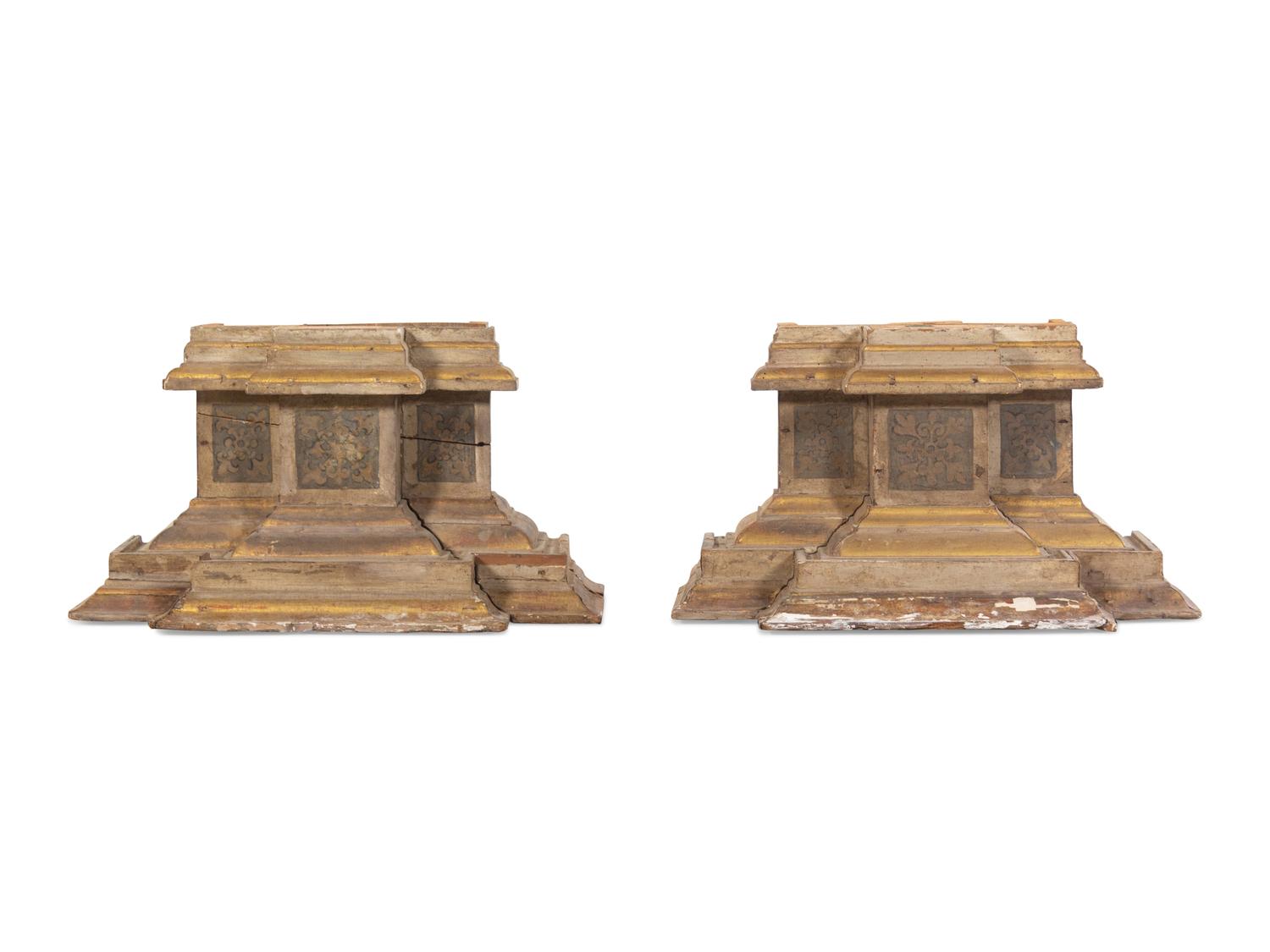 A Pair of Continental Painted and Parcel-Gilt Corinthian Columnar Pilasters