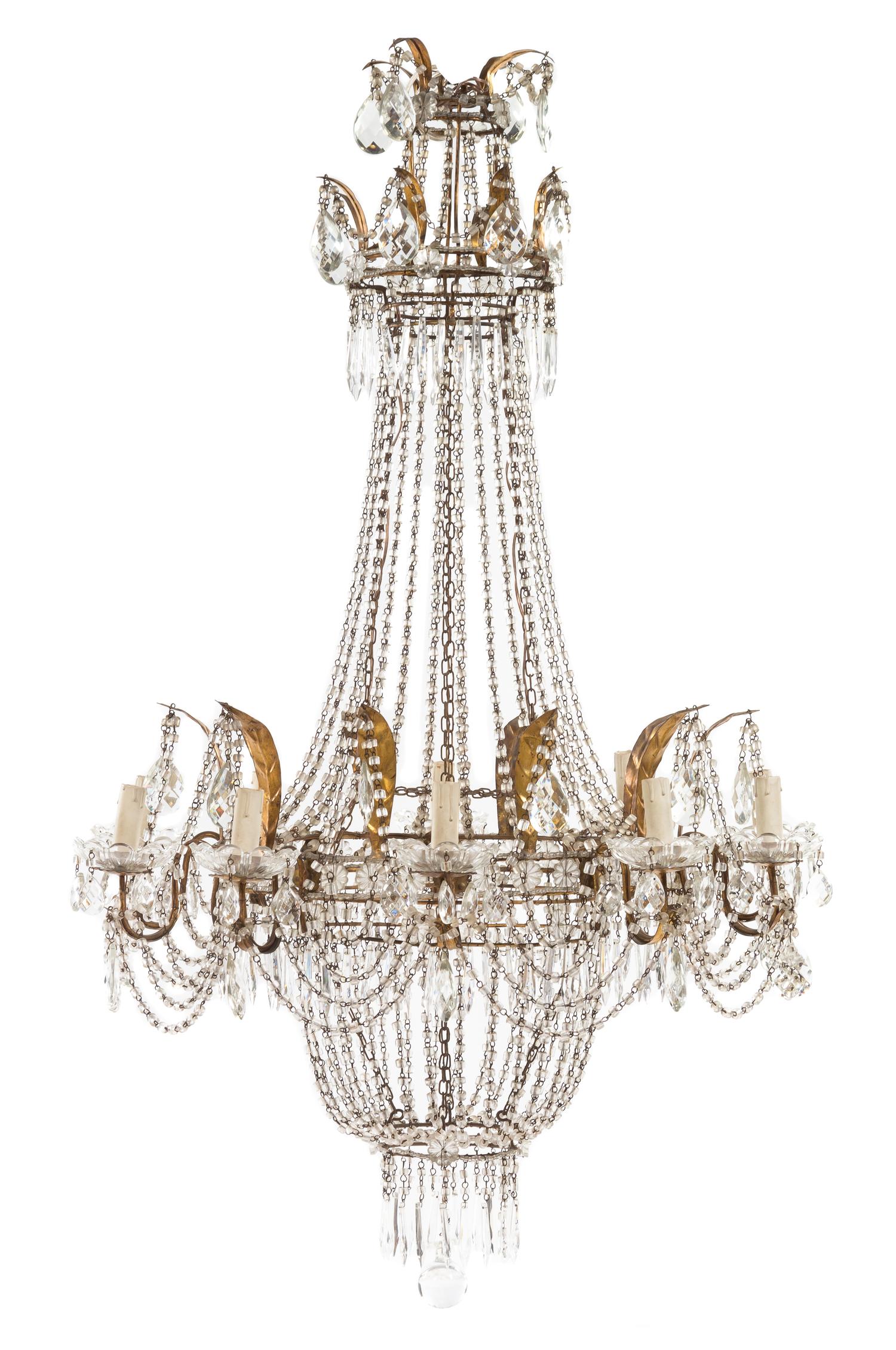 An Italian Tole and Glass Ten-Light Chandelier Height 47 1/2 x diameter 29 inches. — 19TH CENTURY