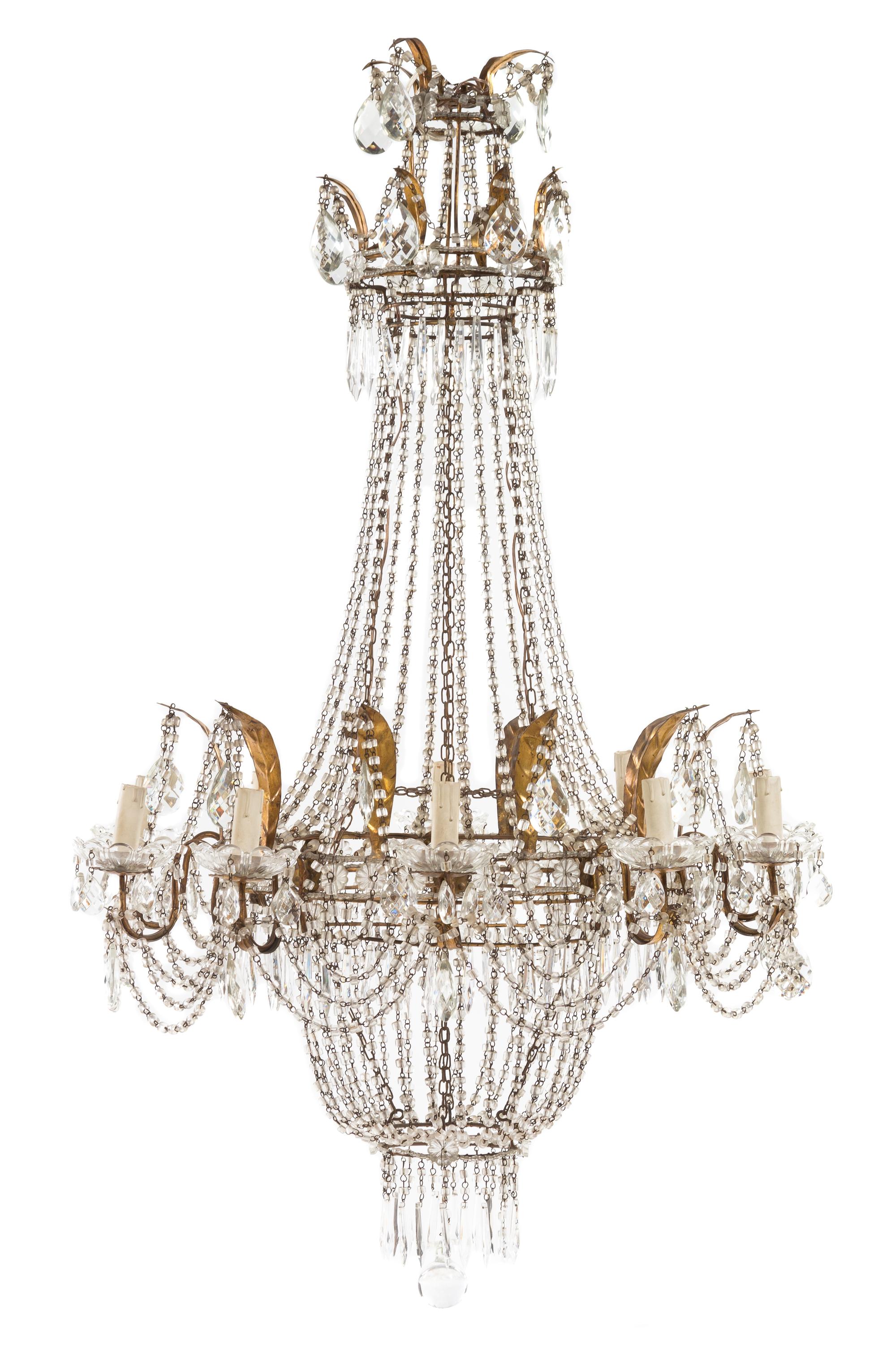 An Italian Tole and Glass Ten-Light Chandelier Height 47 1/2 x diameter 29 inches. — 19TH CENTURY
