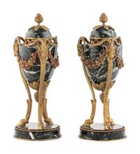 A Pair of Louis XVI Style Gilt Bronze Mounted Marble Cassolettes