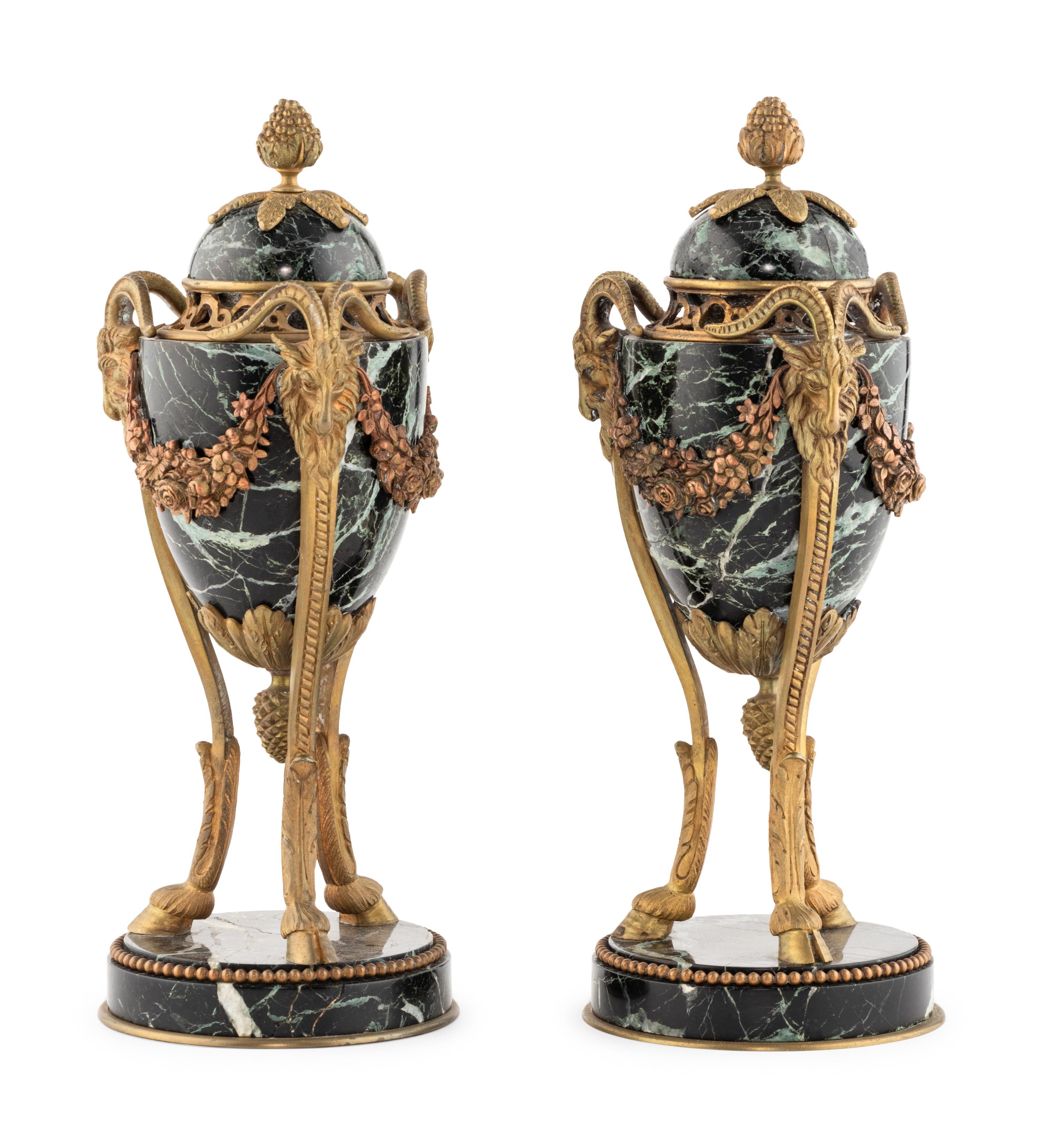 A Pair of Louis XVI Style Gilt Bronze Mounted Marble Cassolettes